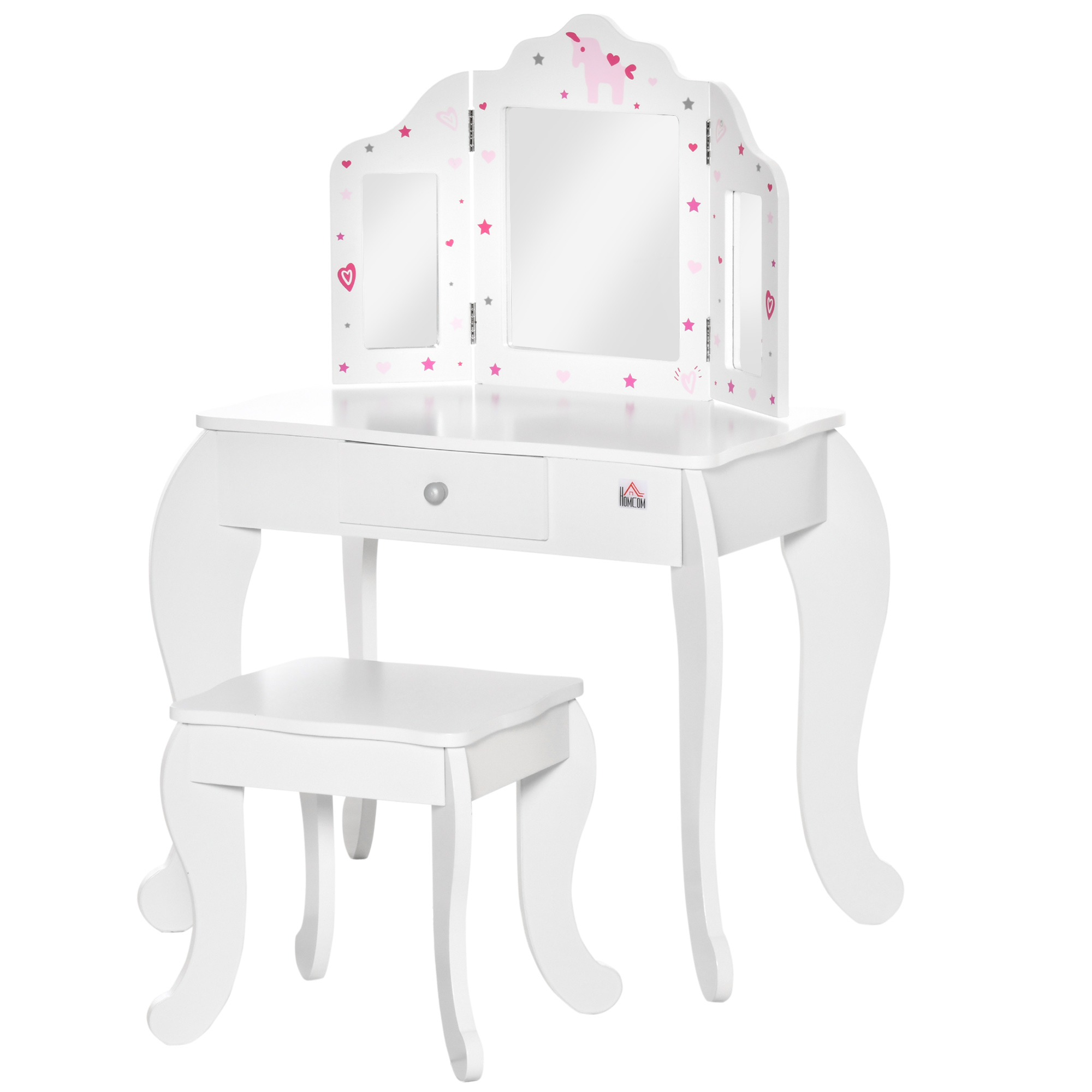 HOMCOM Coiffeuse Enfant avec Tabouret, Miroir triptyque et tiroir Coulissant - Coiffeuse dim. 63L x 40l x 85,5H cm