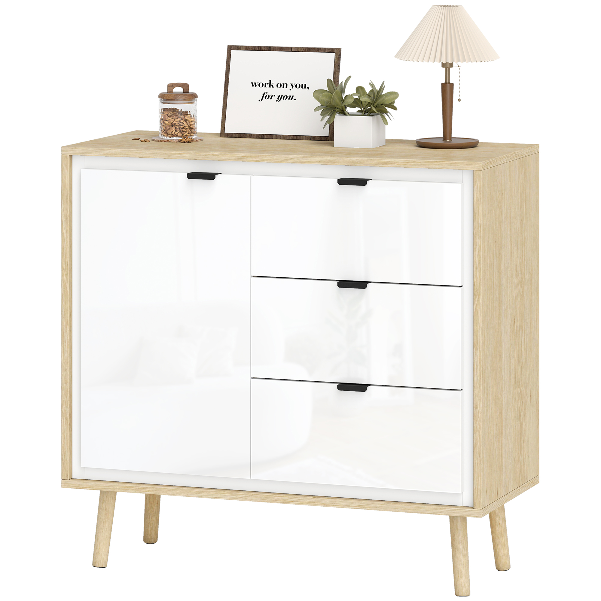 HOMCOM Buffet salon meuble de rangement armoire de cuisine placard à 2 portes 3 tiroirs et étagère réglable, 80x35x77cm, blanc