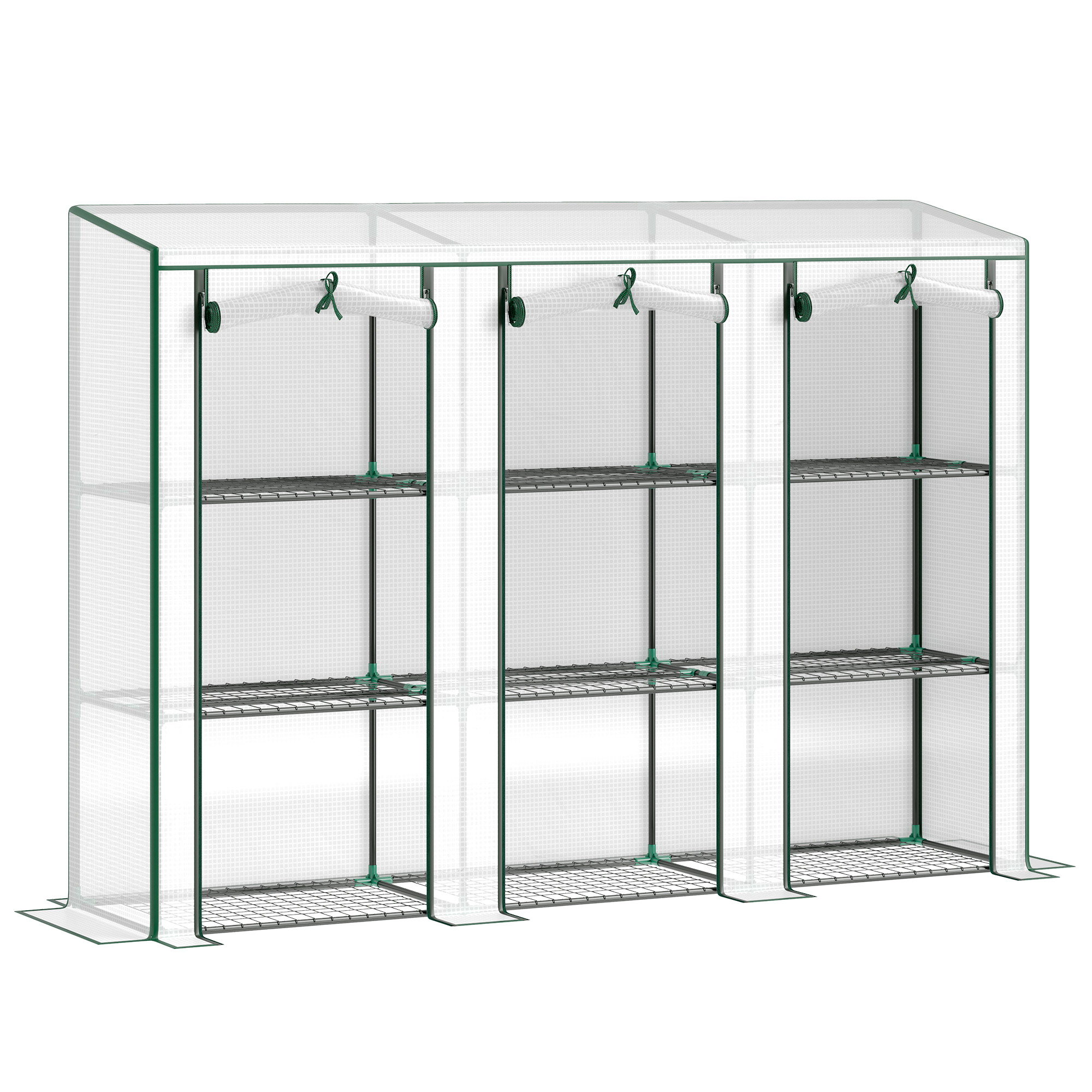 Outsunny Serre de jardin avec étagères à 3 niveaux serre de balcon 3 portes enroulables zippées 215 x 46 x 151 cm blanc