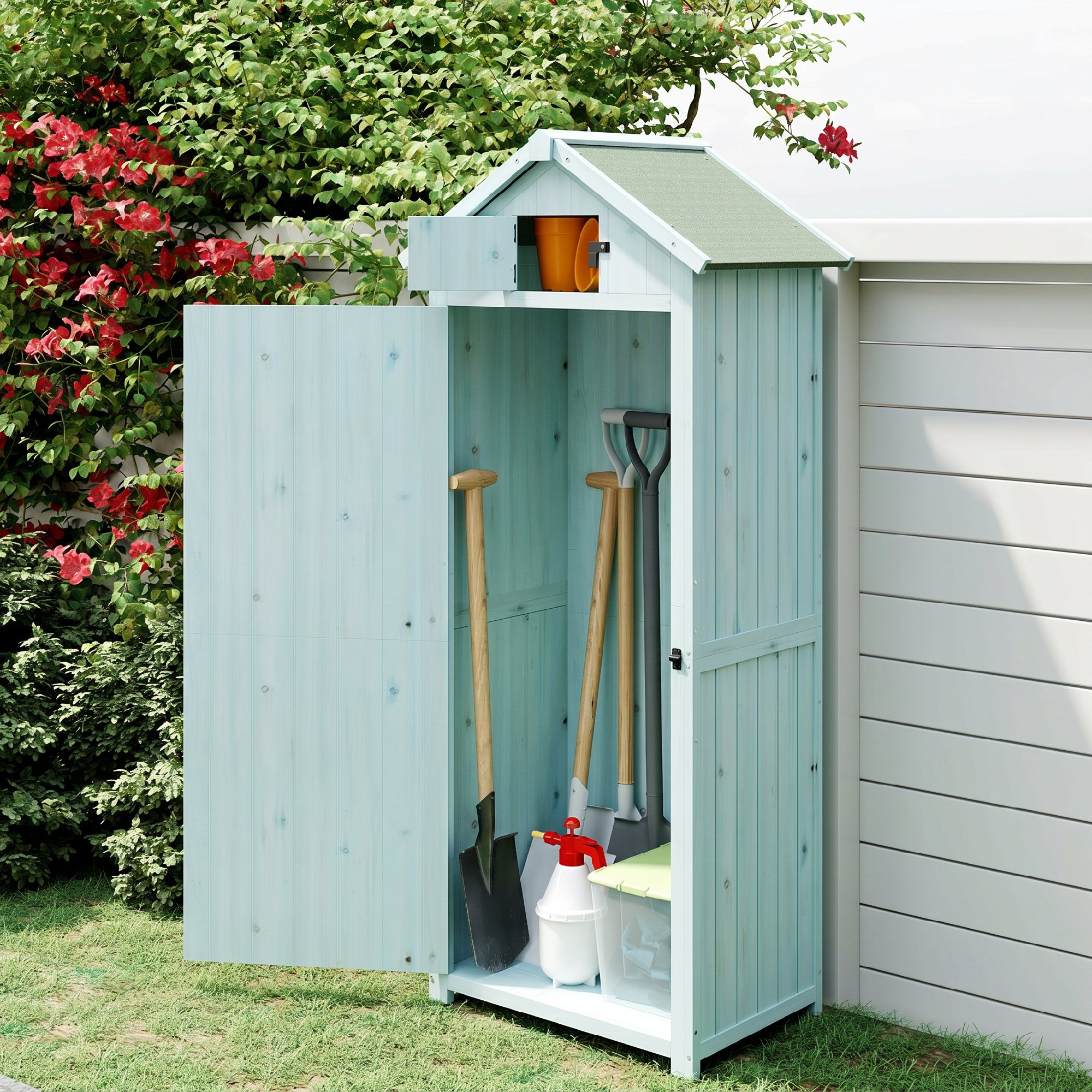 Meuble Jardin Sapin Massif Abri Jardin Seyakany 118x54x173cm - Armoire Outils Bois Résistant Intempéries Bleu Remise Outils Toit PVC