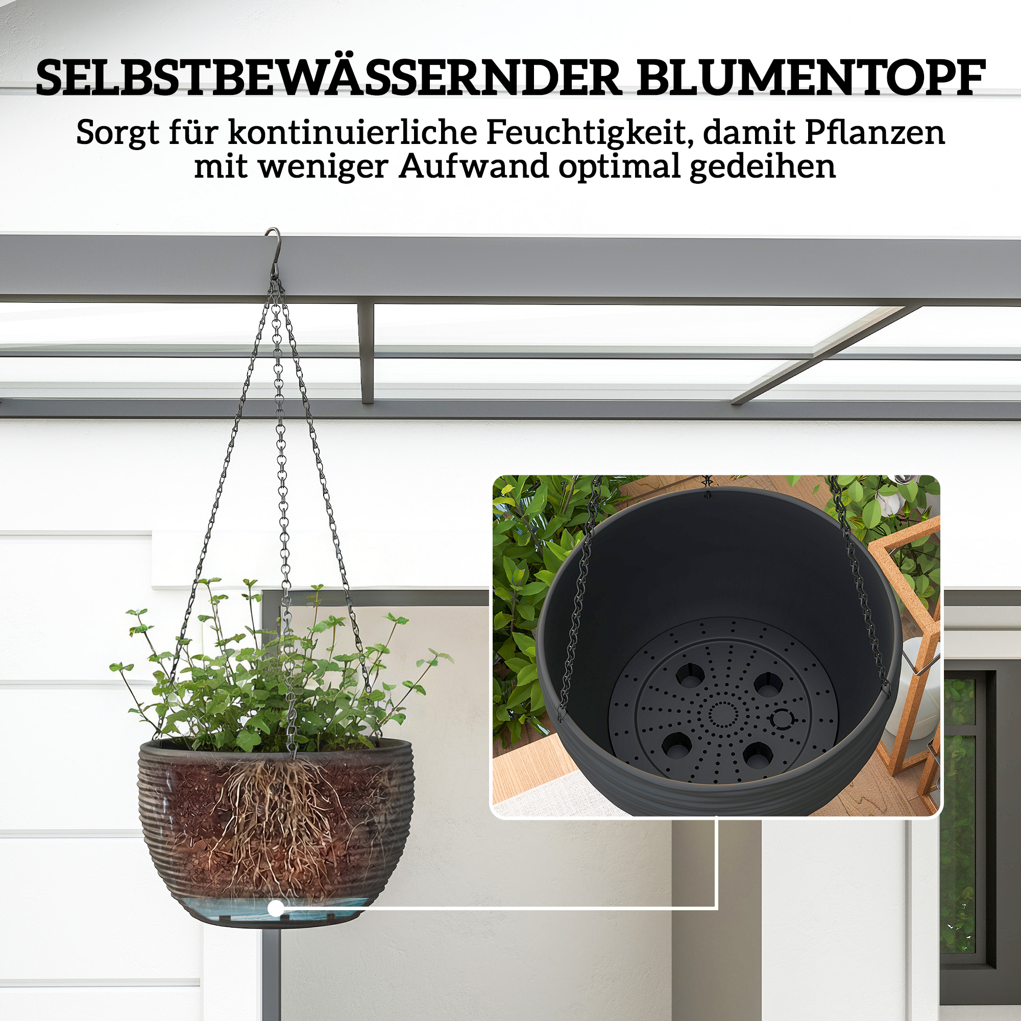 Outsunny Pflanzgefe fr Auen- und Innenpflanzen, Selbstbewsserung,  Hngende Pflanzgefe mit Metallketten, 4 Stck, Schwarz | Aosom.de