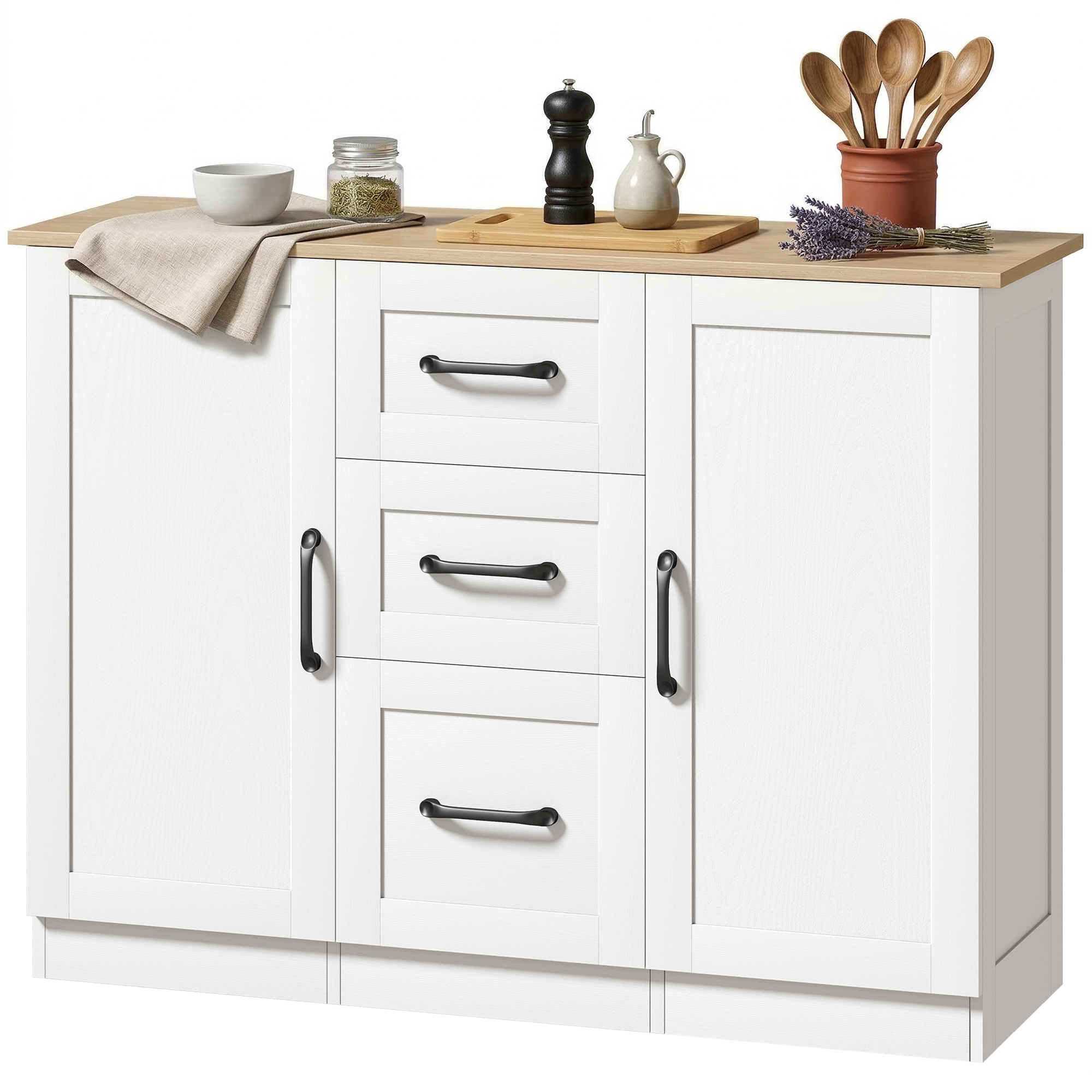 HOMCOM Buffet salon, meuble de rangement avec 2 portes à fermeture douce et 3 tiroirs, 110x35x80,4cm, blanc et bois naturel