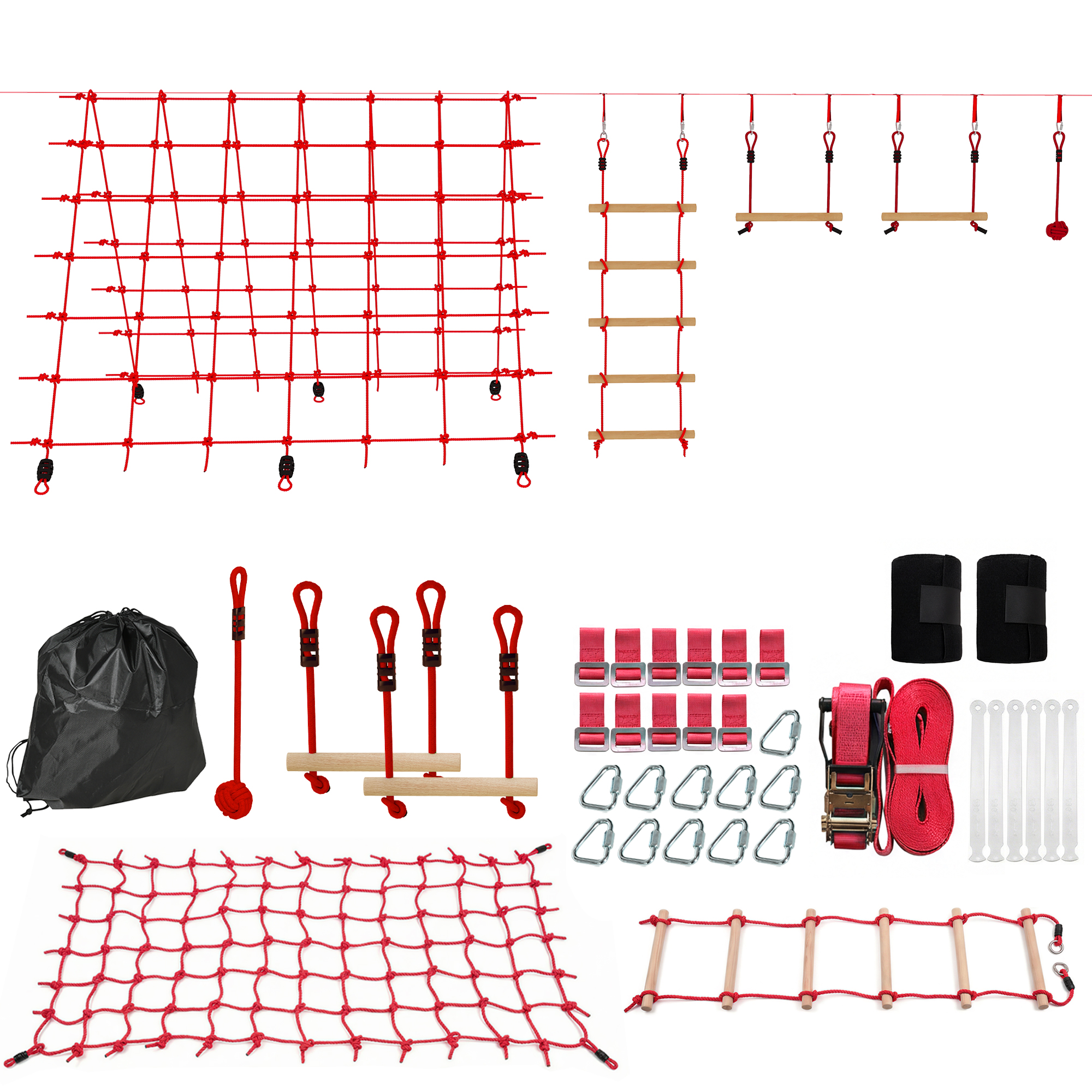 AIYAPLAY Parcours d'obstacles Ninja pour enfants 10 M kit de tyrolienne complet charge 100 kg, installation facile, rouge