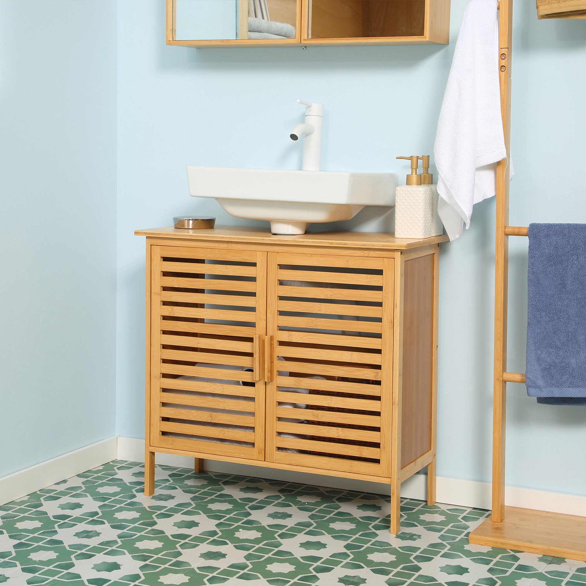 EUGAD Meuble sous lavabo en MDF et bambou Armoire de toilette avec 2 EUGAD Meuble sous lavabo en MDF et bambou Armoire de toilette avec 2