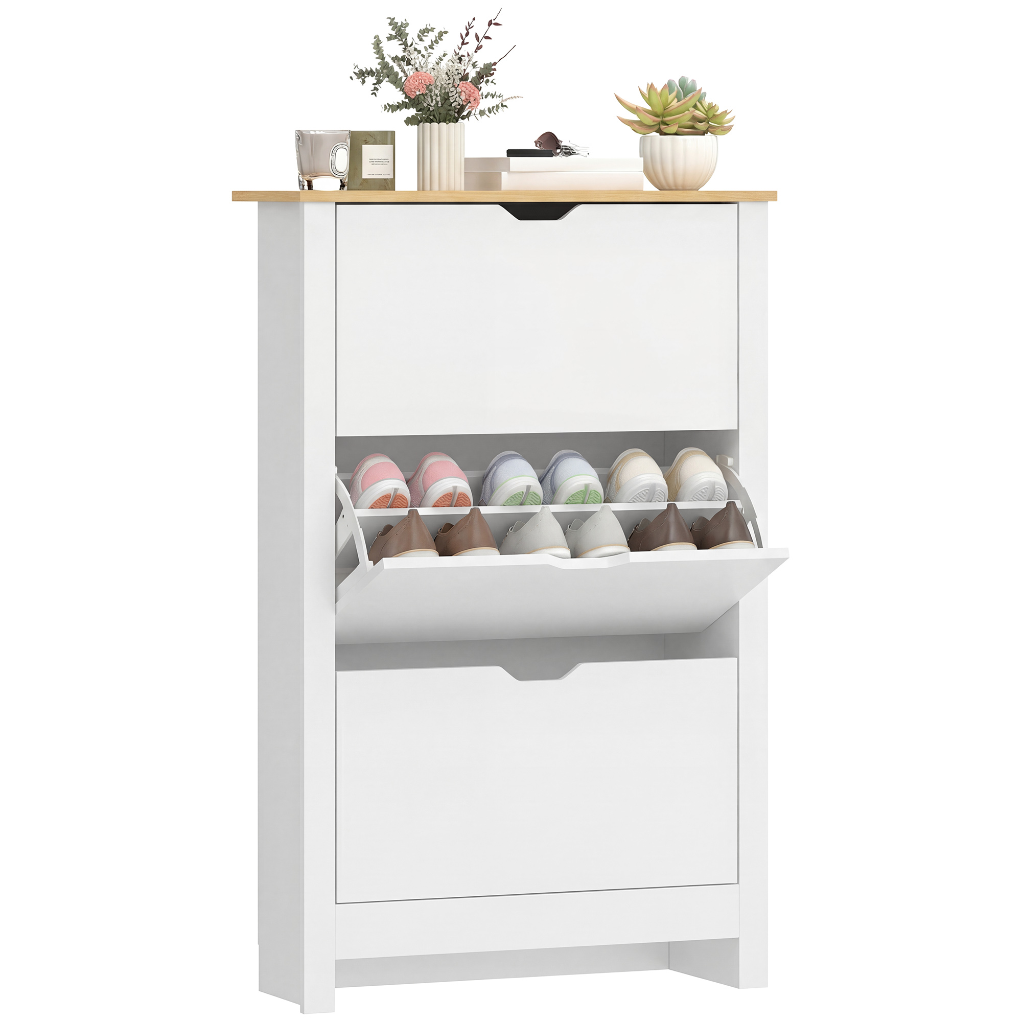 HOMCOM Armoire à Chaussures 3 Portes abattantes 2 Compartiments Panneaux Particules Blanc chêne HOMCOM Armoire à Chaussures 3 Portes abattantes 2 Compartiments Panneaux Particules Blanc chêne