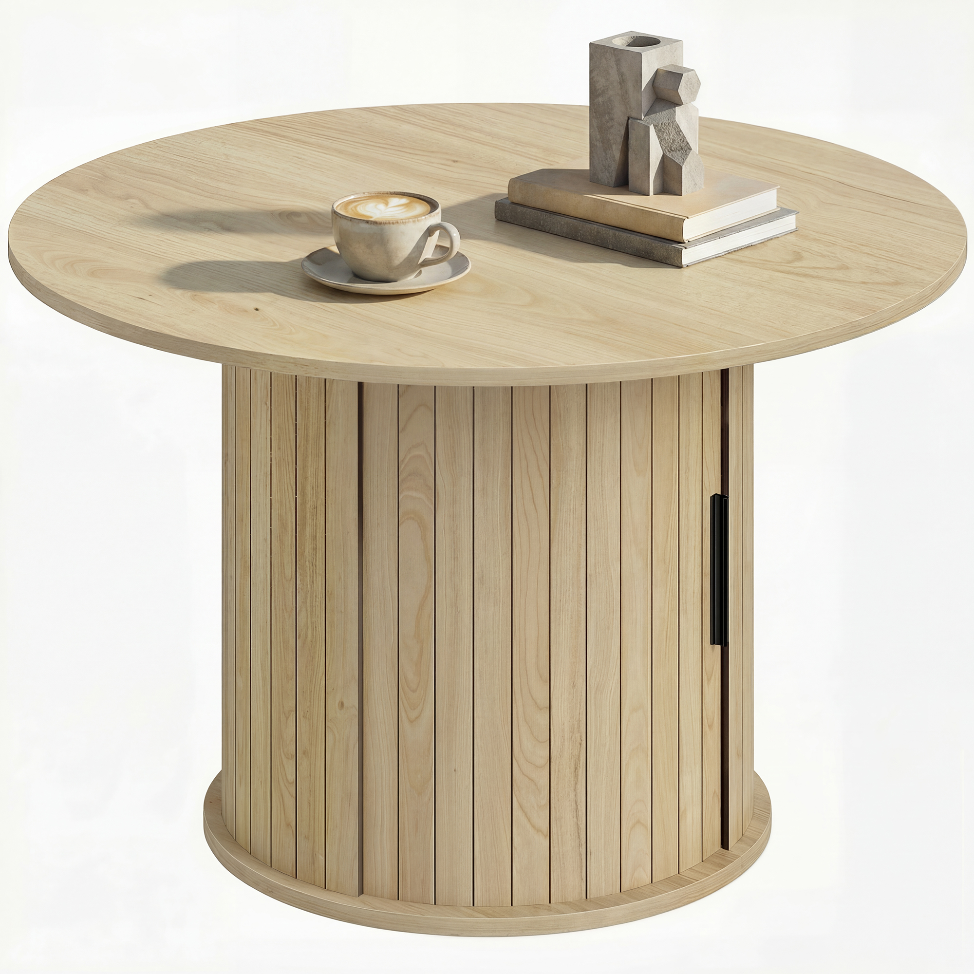 HOMCOM Table basse ronde, table de salon avec rangement, porte coulissante à lattes, 2 étagères, effet bois naturel