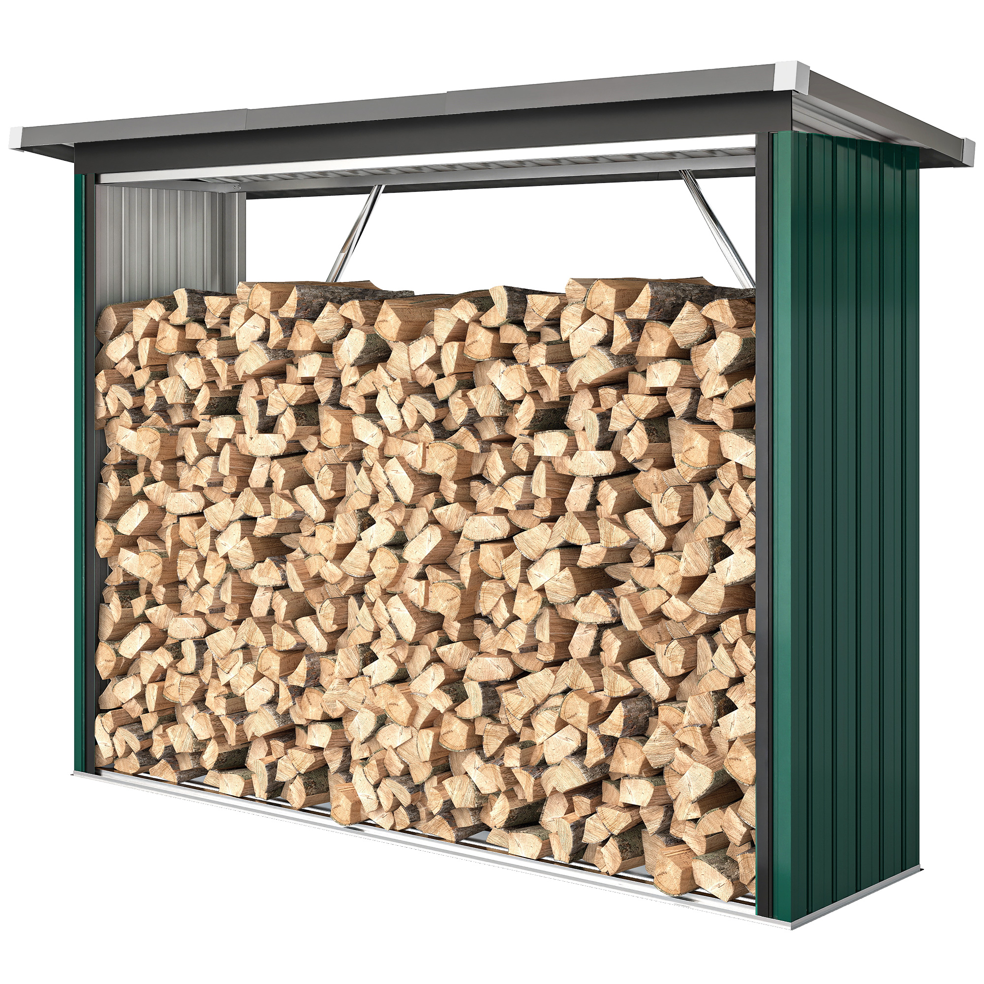 Outsunny Abri-bûches Couvert Support pour Bois de Chauffage Plancher Surélevé Toit Incliné, Acier Galvanisé 213x66,5x150cm Vert