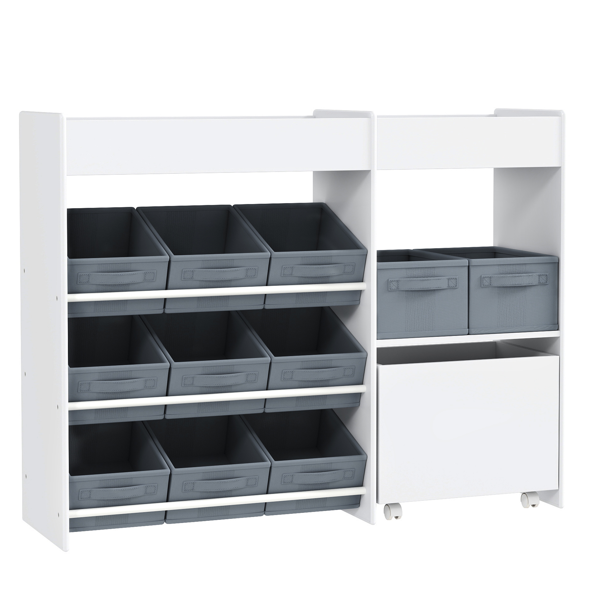 AIYAPLAY Kinderregal Spielzeugregal mit 11 Stoffboxen, oberen Fächern, 3 Stickern, Kinder Bücherregal mit Schränkfach für Kinderzimmer, Kindergarten, 105 x 30 x 80 cm, Weiß Aosom