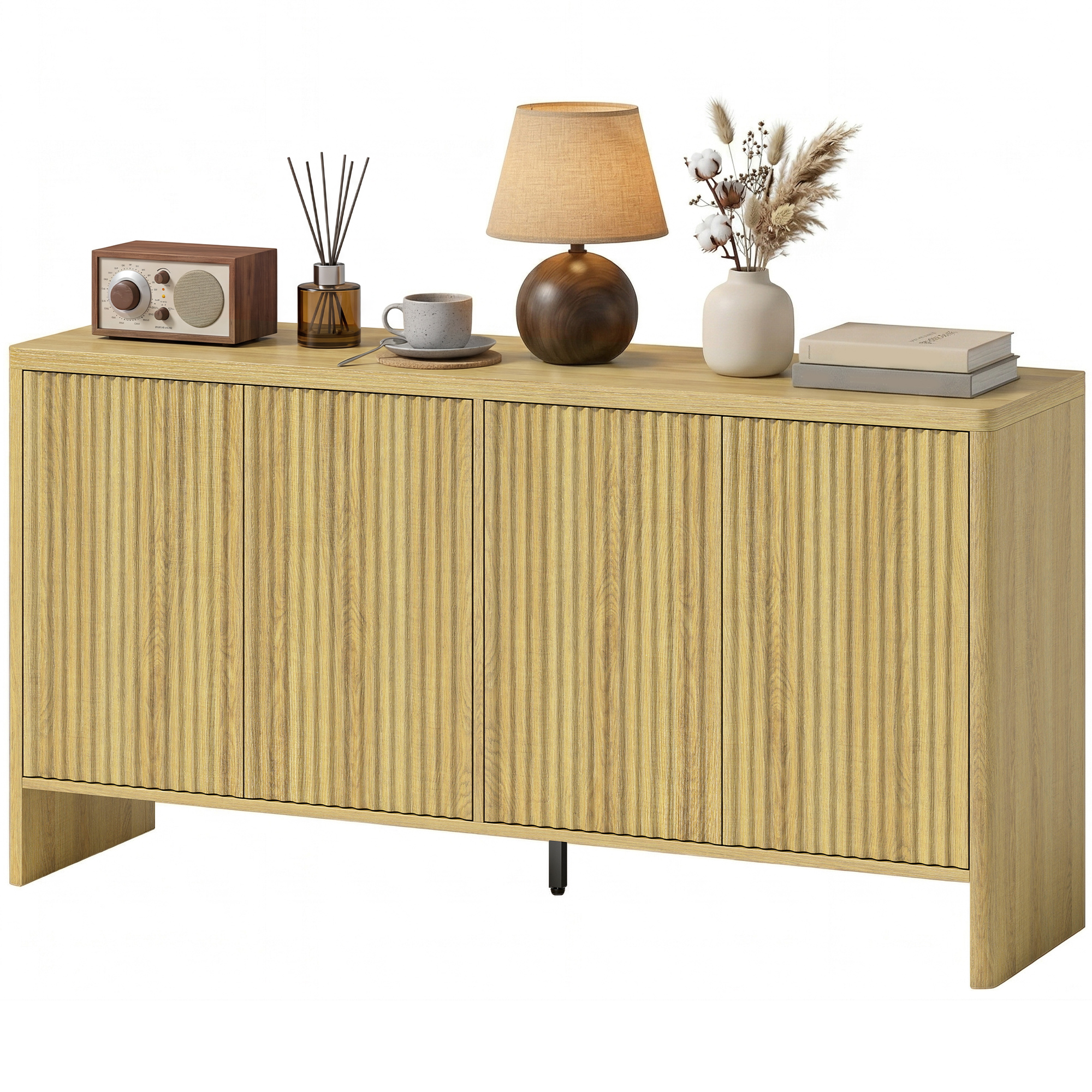 HOMCOM Buffet salon, meuble de rangement avec 4 portes rainurées, étagère réglable, ouverture par pression, 147x40x77cm, chêne