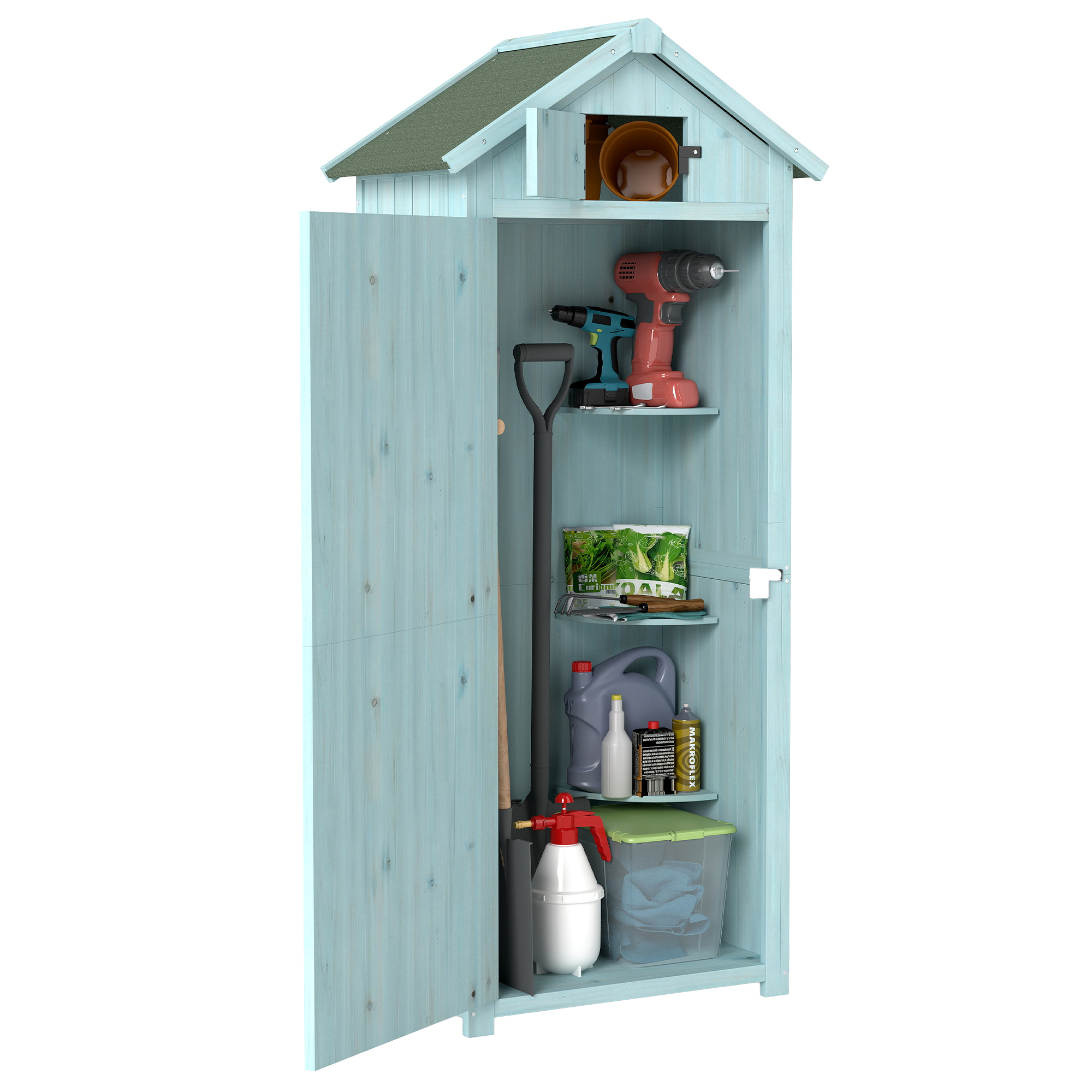 Outsunny Abri de Jardin en Bois Sapin pré-huilé - 3 Étagères, Double Portes à Loquets, Toit Pente Bitumé, 77x54x179 cm, Bleu   Aosom France