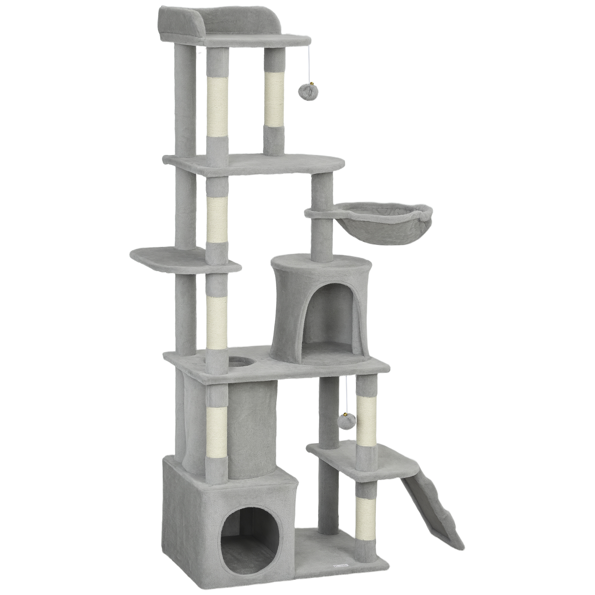 PawHut Arbre à chat tour de jeux 7 poteaux à griffer 3 platesformes 2 niches tunnel hamac et 2 pompons 170 cm gris foncé