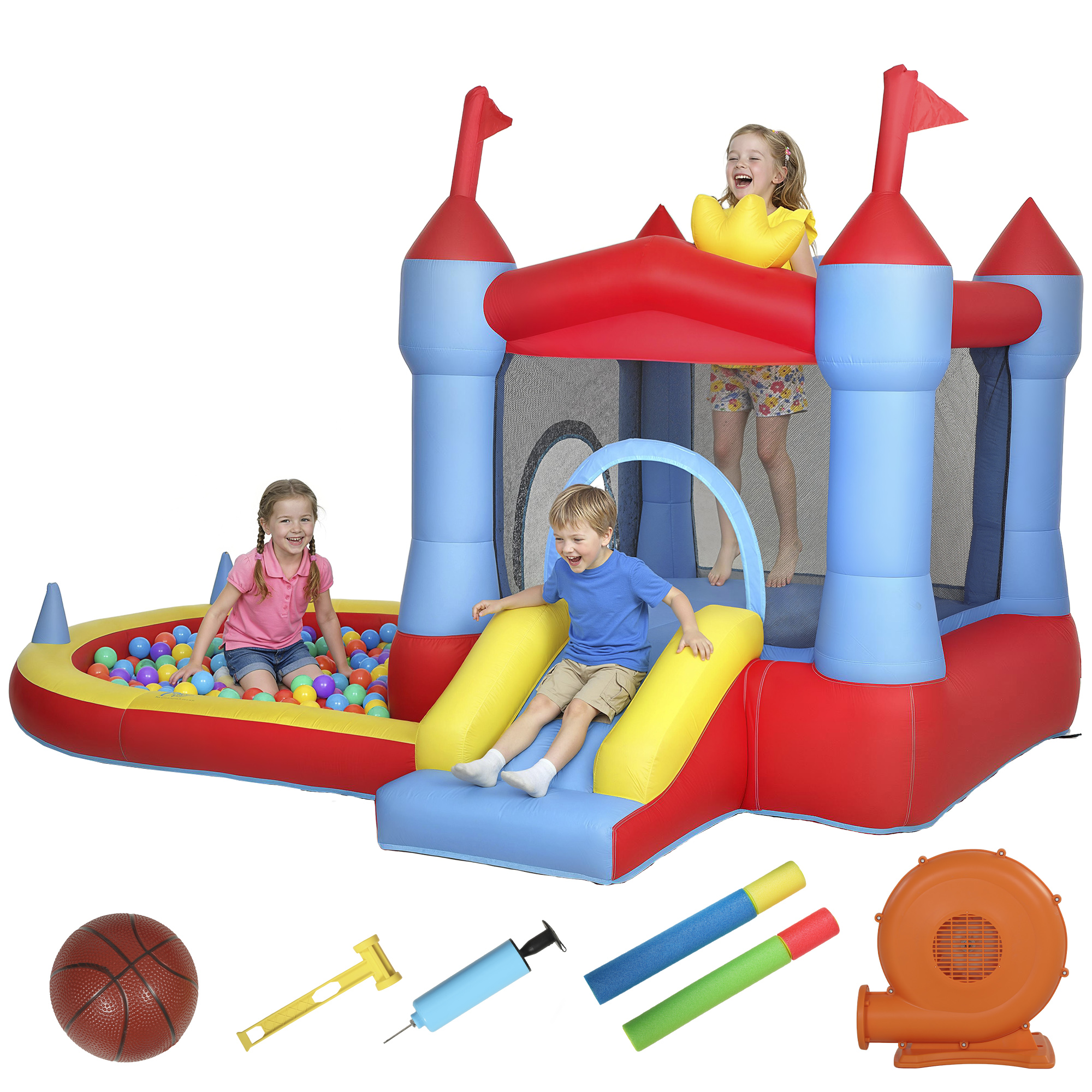 AIYAPLAY Château gonflable avec souffleur, aire de jeux gonflable avec toboggans, trampoline, piscine à balles, multicolore