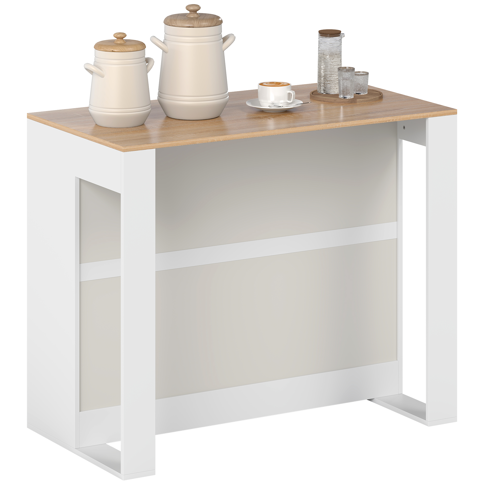 HOMCOM Table de bar, table haute cuisine à 3 niveaux 2 compartiments ouverts, plateau effet bois naturel 113 x 60 x 90 cm blanc