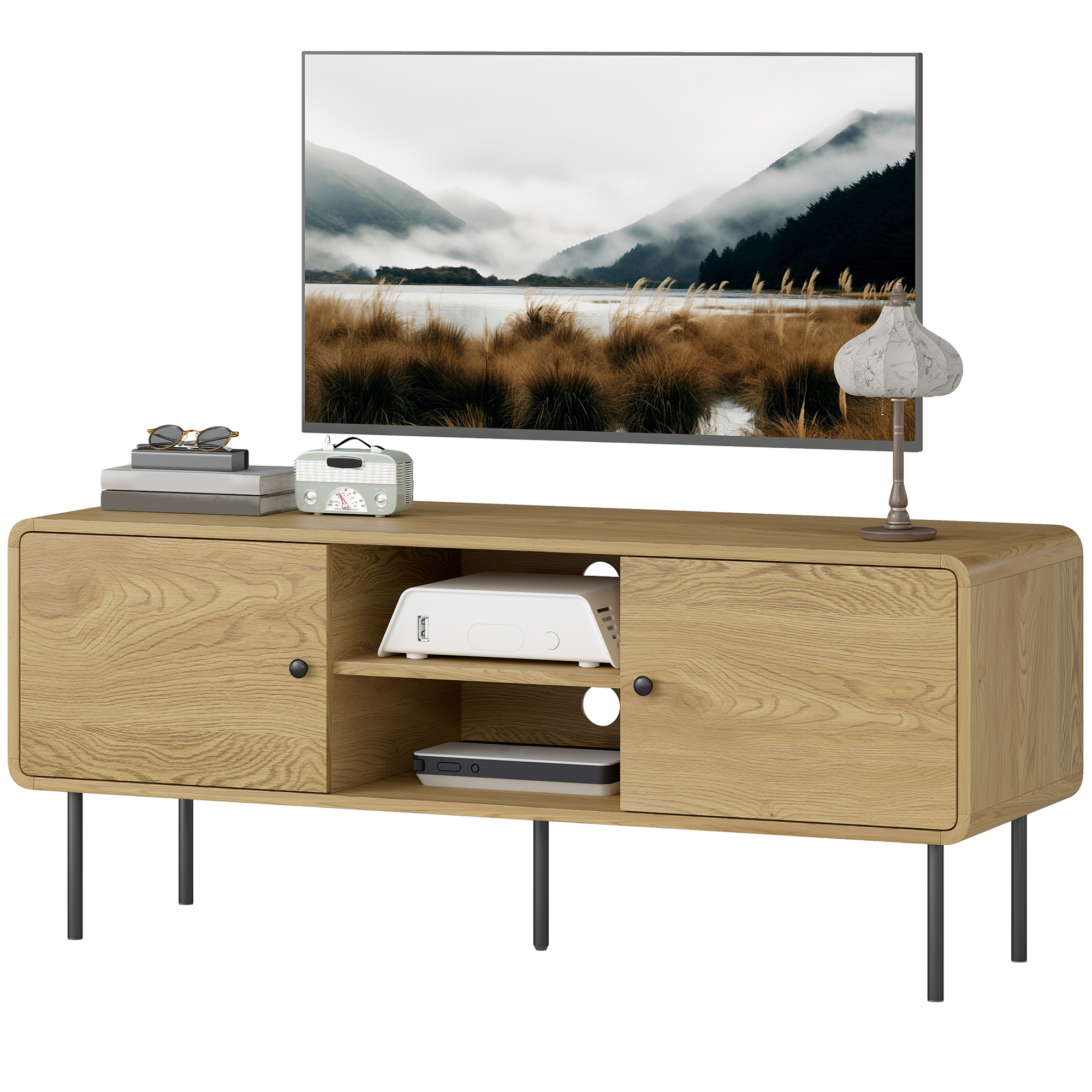 HOMCOM Meuble TV, meuble télé jusqu'à 55 pouces avec 2 portes, 2 compartiments ouverts, pieds en acier, 120x40x50cm, chêne