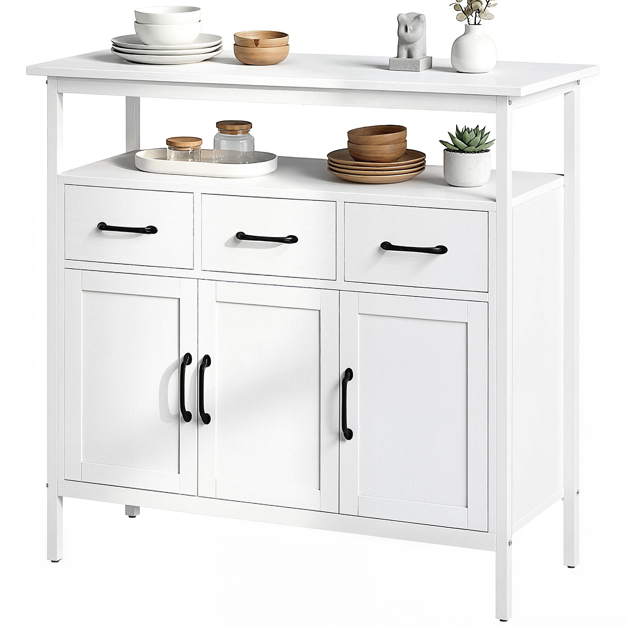 HOMCOM Buffet cuisine, meuble de rangement, 3 portes, 3 tiroirs, compartiment ouvert et étagères réglables, 95x35x88cm, blanc