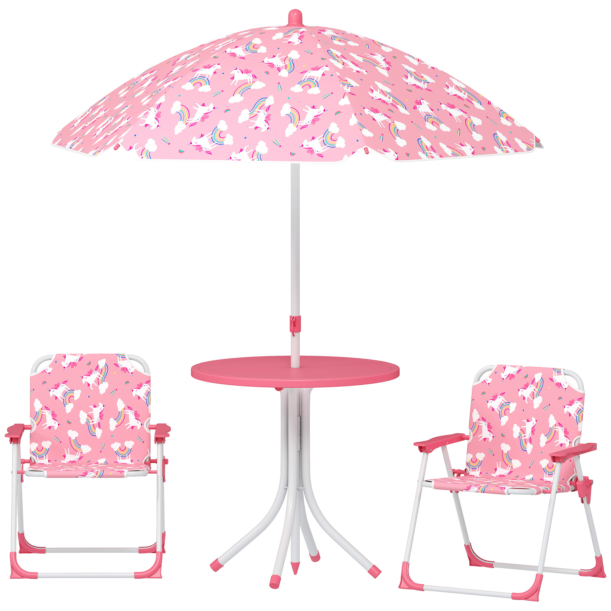 AIYAPLAY Salon de jardin enfant, table enfant avec 2 chaises pliantes et parasol amovible Ø 100 cm, motif jungle, rose