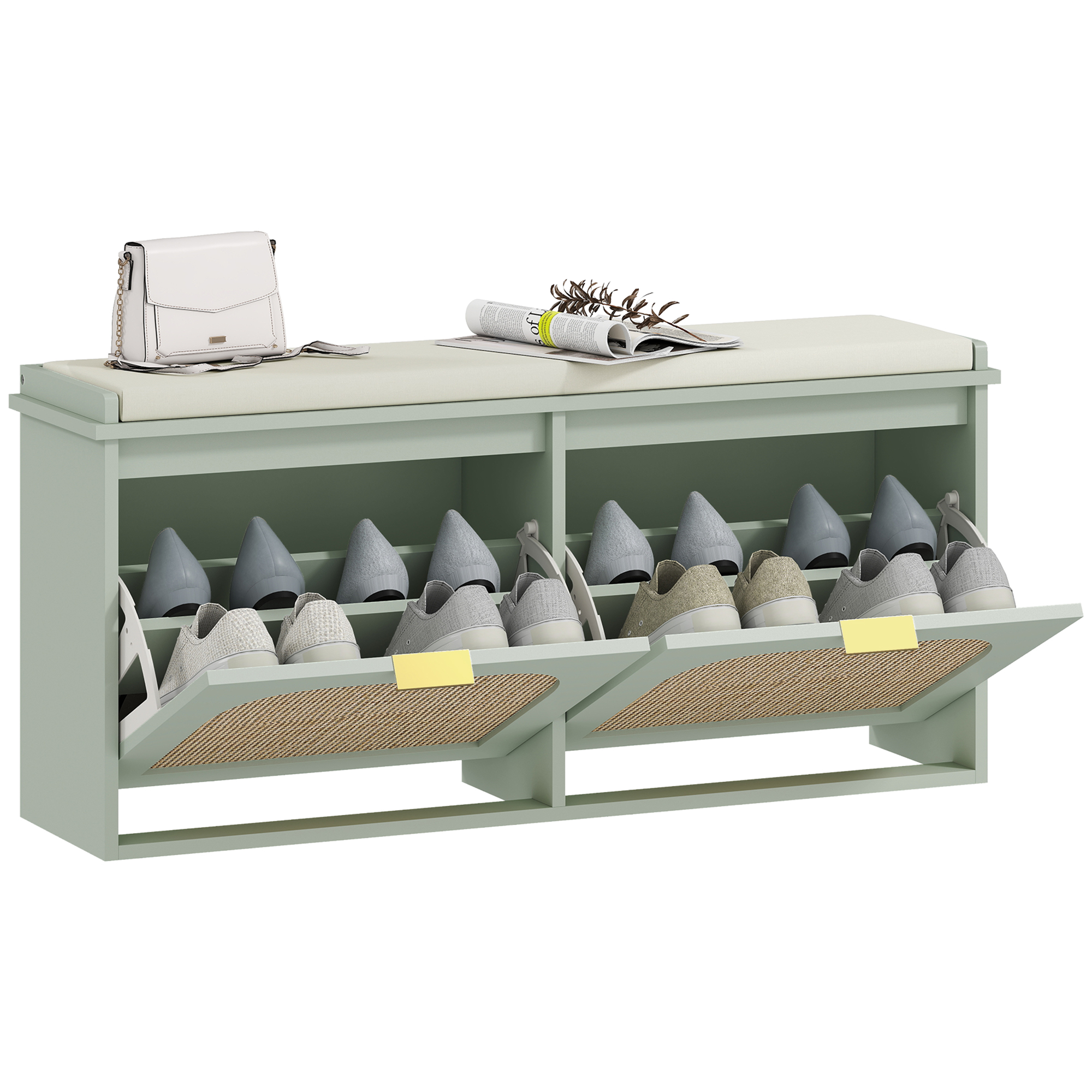HOMCOM Banc à chaussures, banc de rangement, assise rembourrée, tiroirs rabattables, porte en rotin, 104 x 26 x 47,5 cm, vert