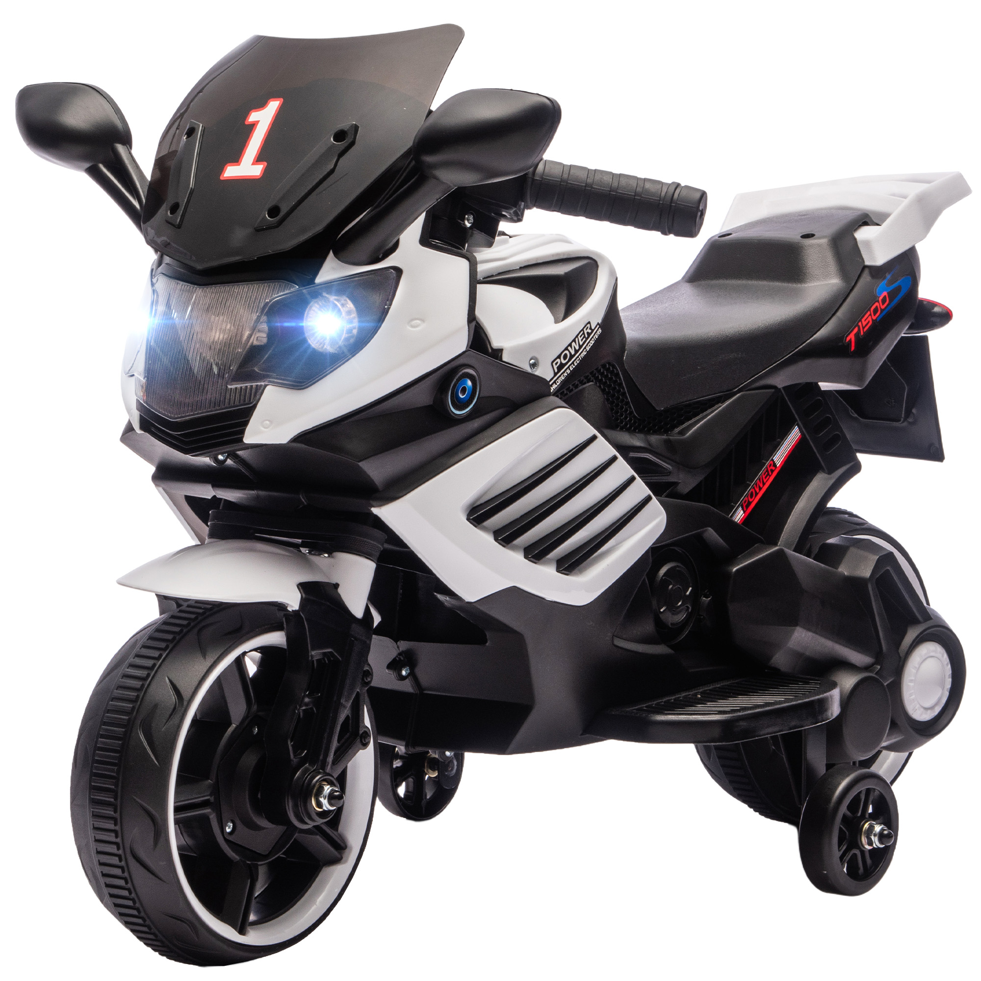 AIYAPLAY Moto électrique enfants 6 V, voiture électrique enfants avec roues d'entraînement, effets lumineux et sonores, blanc