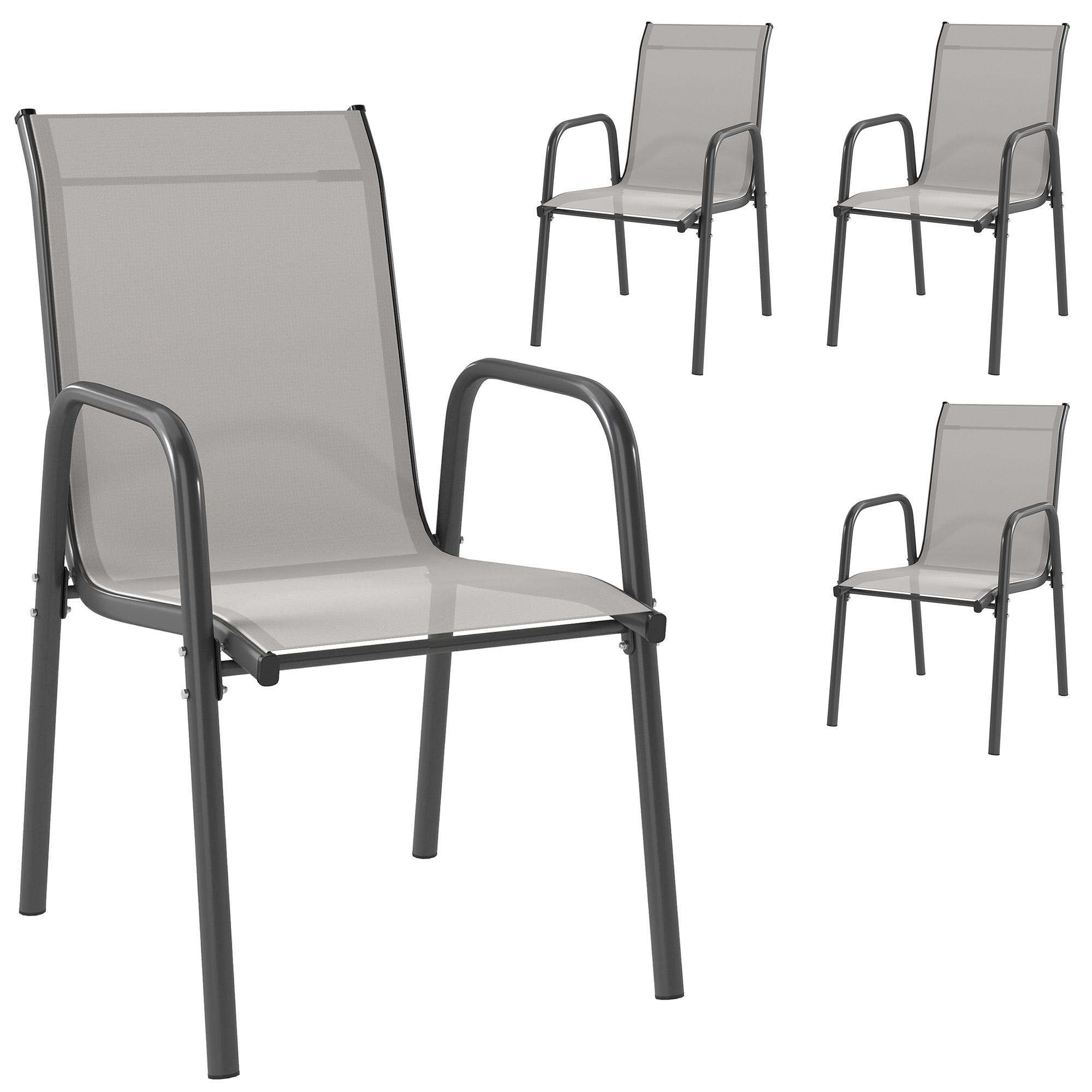 Outsunny Gartenstühle 4er Set Stapelbare Terrassenstühle mit Atmungsaktive Rücken, Armlehnen, wetterfest Balkonstühle 120 kg Belastbar Stapelstühle für Garten Balkon Terrasse 51 x 69 x 87 cm Hellgrau Aosom