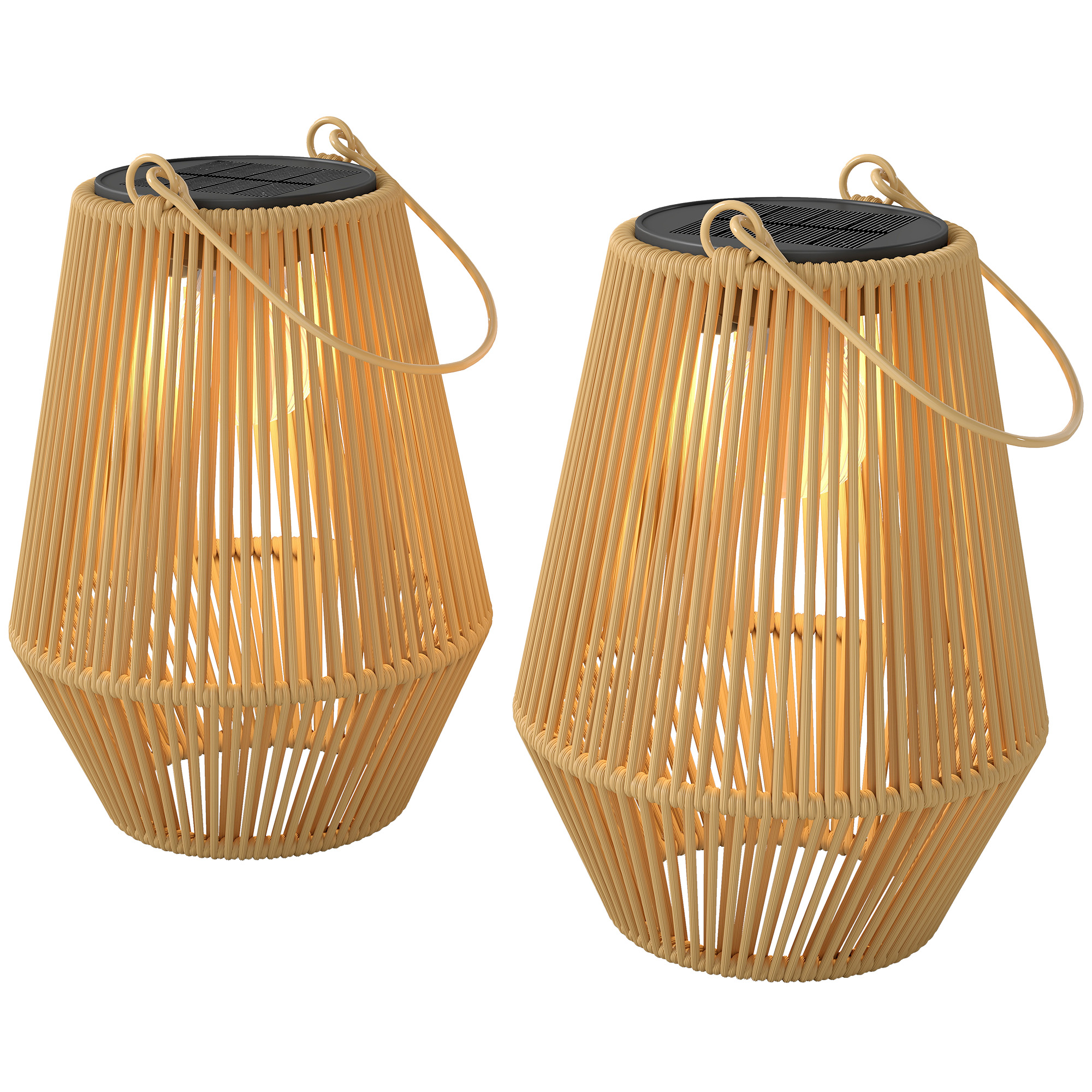 Outsunny Lot de 2 lanternes solaires suspendues extérieur, lampes de jardin en résine tressée avec allumage automatique, marron