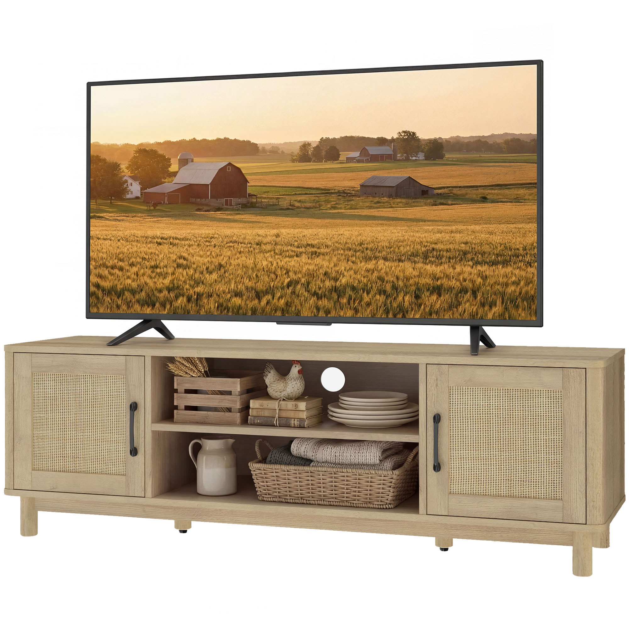 HOMCOM Meuble TV 135 cm, meuble télé pour téléviseur jusqu'à 65 pouces avec 2 portes en rotin, 2 compartiments ouverts, chêne