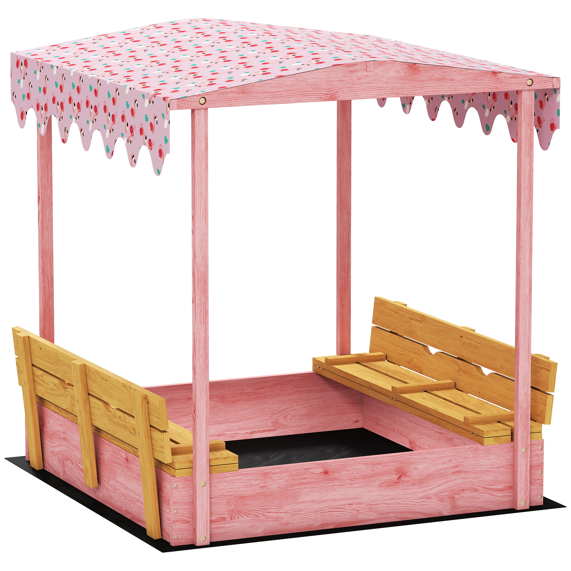 AIYAPLAY Ladă de Nisip pentru Copii 3-6 Ani cu Acoperiș cu Flamingo Scaune Pliabile Capac și Husă Incluse Ladă de Joacă din Lemn de Brad 1345x1275x130 cm Roz | Aosom Romania