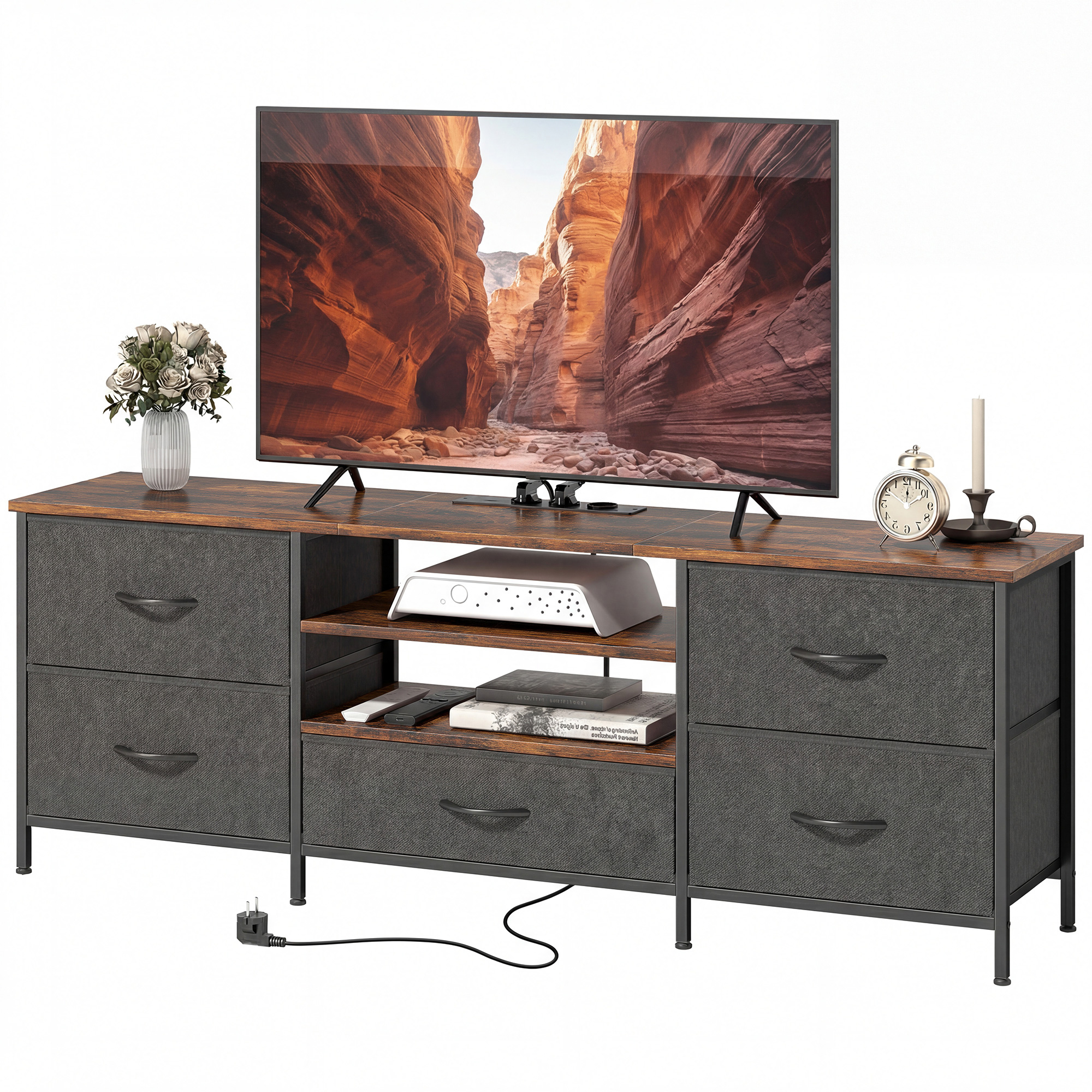 HOMCOM Meuble TV 140 cm, meuble télé 65 pouces, station de charge, 5 tiroirs en tissu, étagères ouvertes, 140x30x50cm, marron