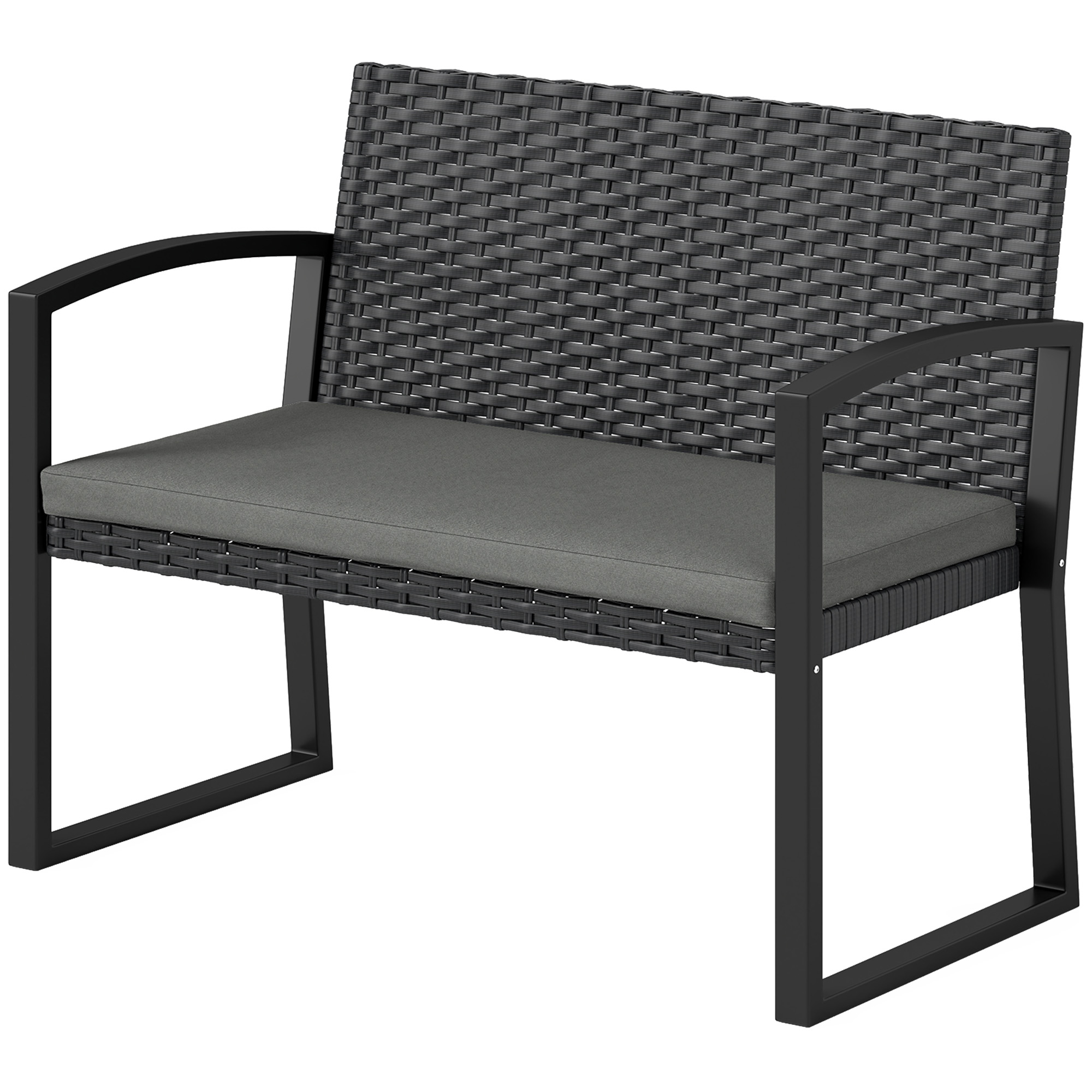 Outsunny Banc de jardin 2 places, banc d'extérieur en résine tressée PE avec coussin, acier galvanisé, 103x58x78cm, gris et noir