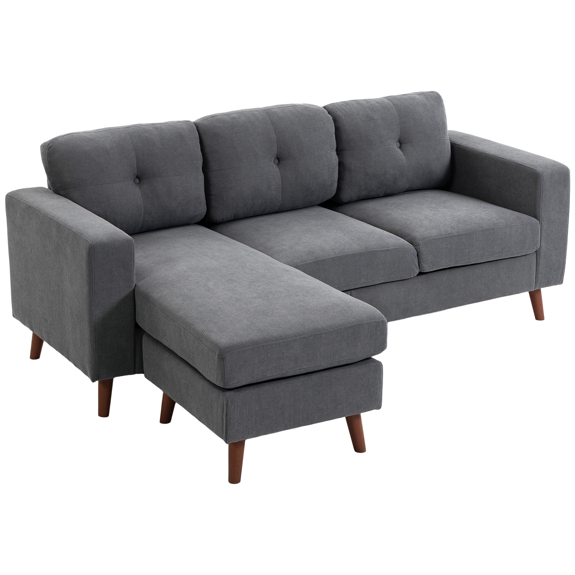 HOMCOM Canapé d'angle 192 cm en L 3 places avec chaise longue réversible, aspect velours côtelé, pour petits espaces, gris foncé