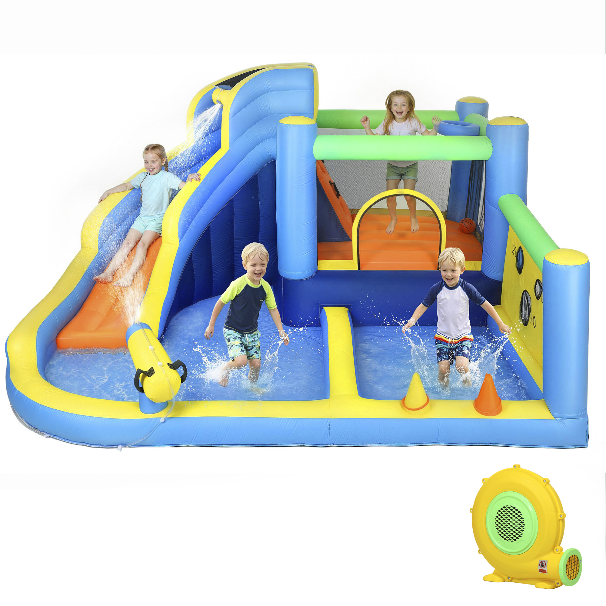 AIYAPLAY Château gonflable avec souffleur 8 en 1, parc aquatique, toboggan, trampoline, piscine à balles, oxford, multicolore
