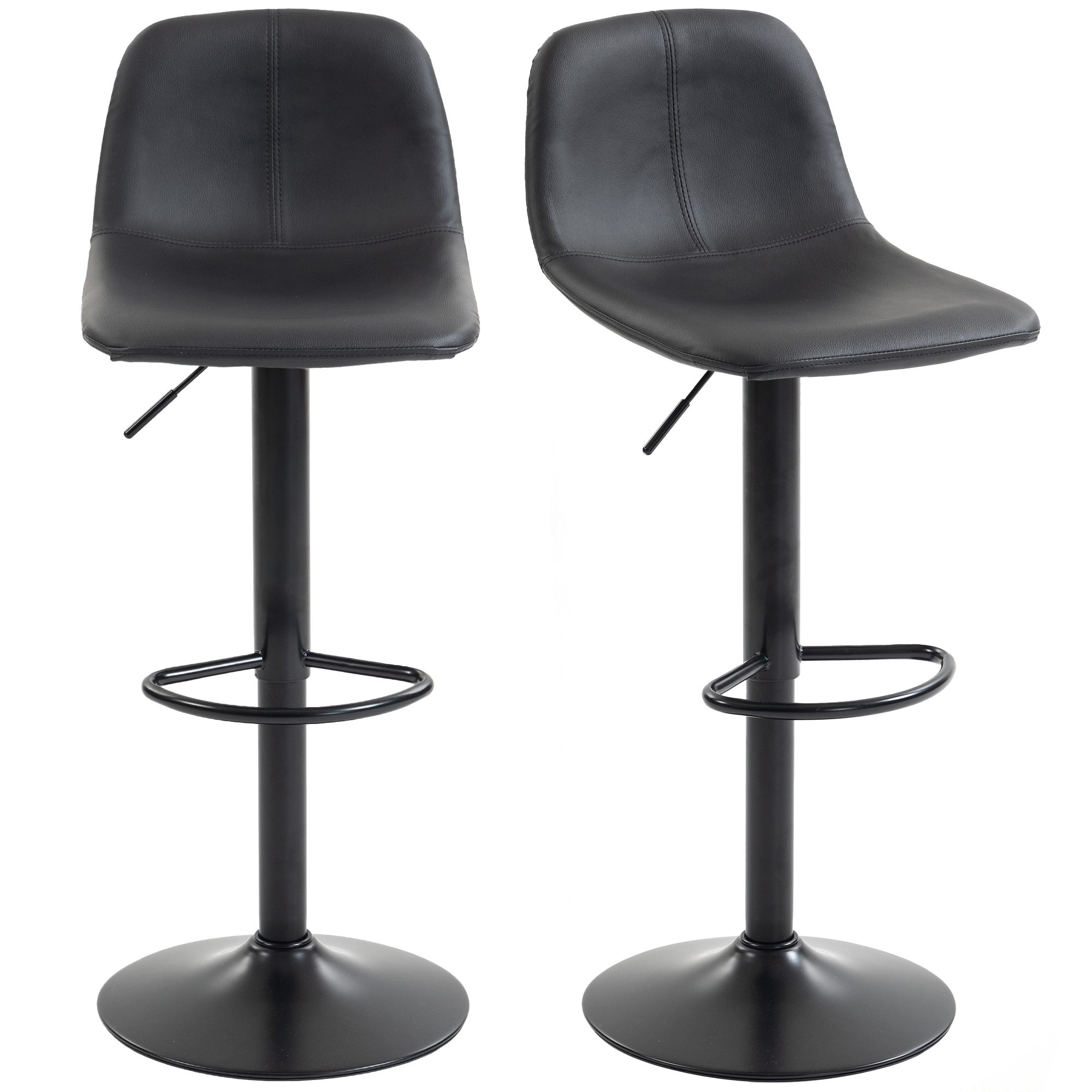 HOMCOM Lot de 2 tabourets de bar, chaises de bar hauteur réglable, dossier et repose-pieds, pivotant 360°, pieds en acier, noir