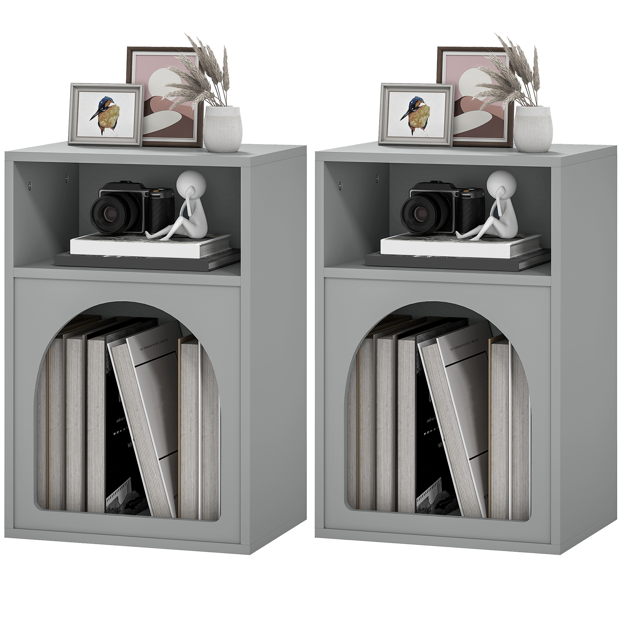 HOMCOM Lot de 2 tables de chevet, table de nuit avec compartiments ouverts, design arqué, 40 x 30 x 60 cm, gris
