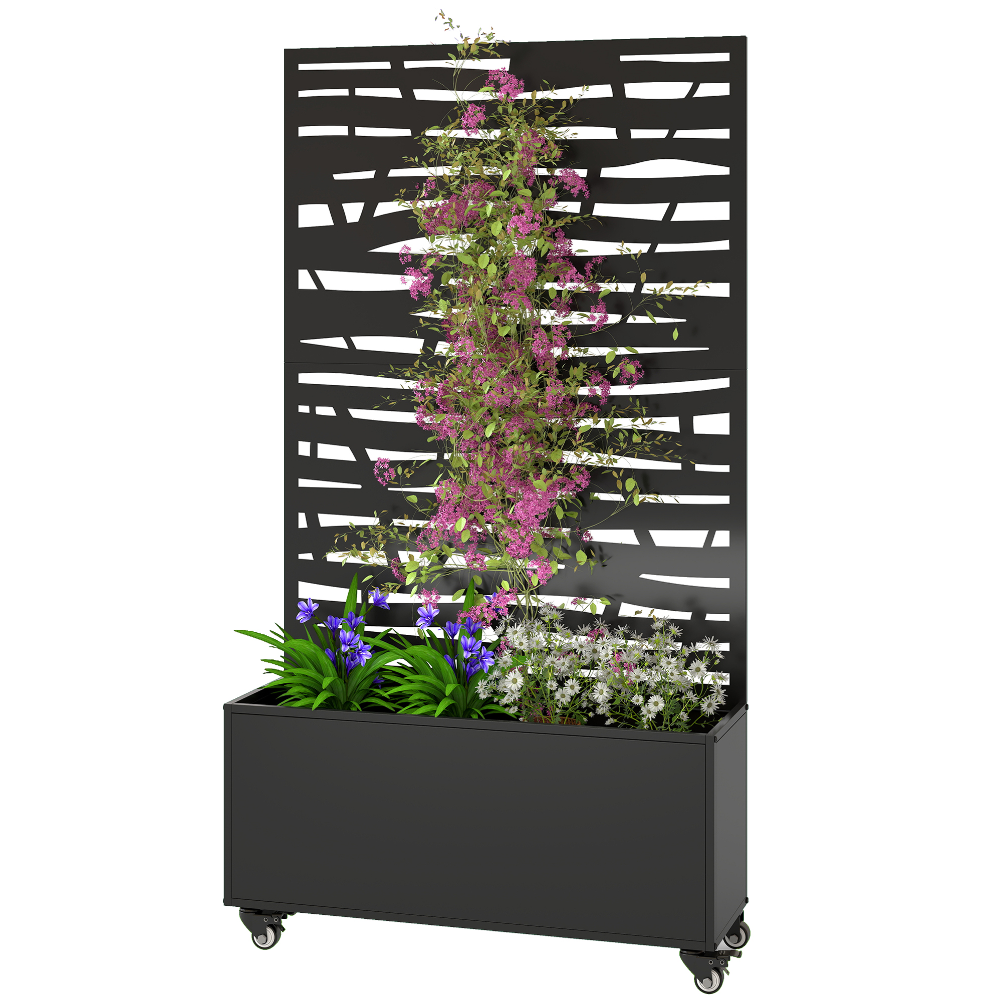 Outsunny Jardinière avec treillis, bac à fleurs en métal avec brise-vue et roues, treillis découpé en lattes, 90x30x160cm, noir