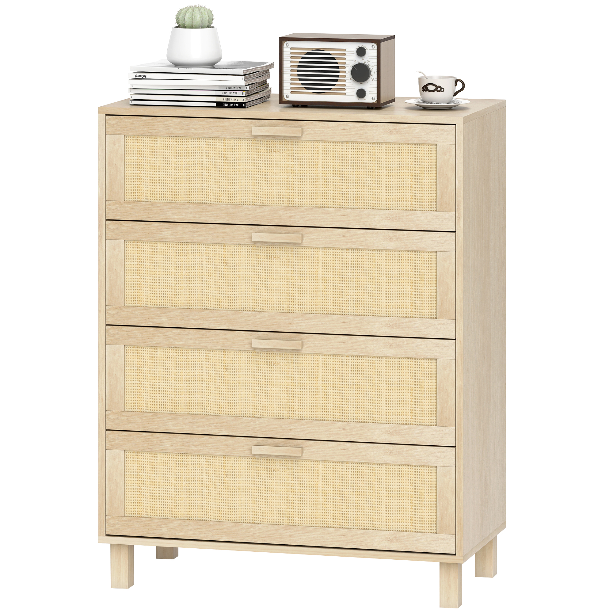 HOMCOM Commode 4 tiroirs cannage en rotin dim. 80L x 40l x 103H cm MDF Aspect Bois Clair