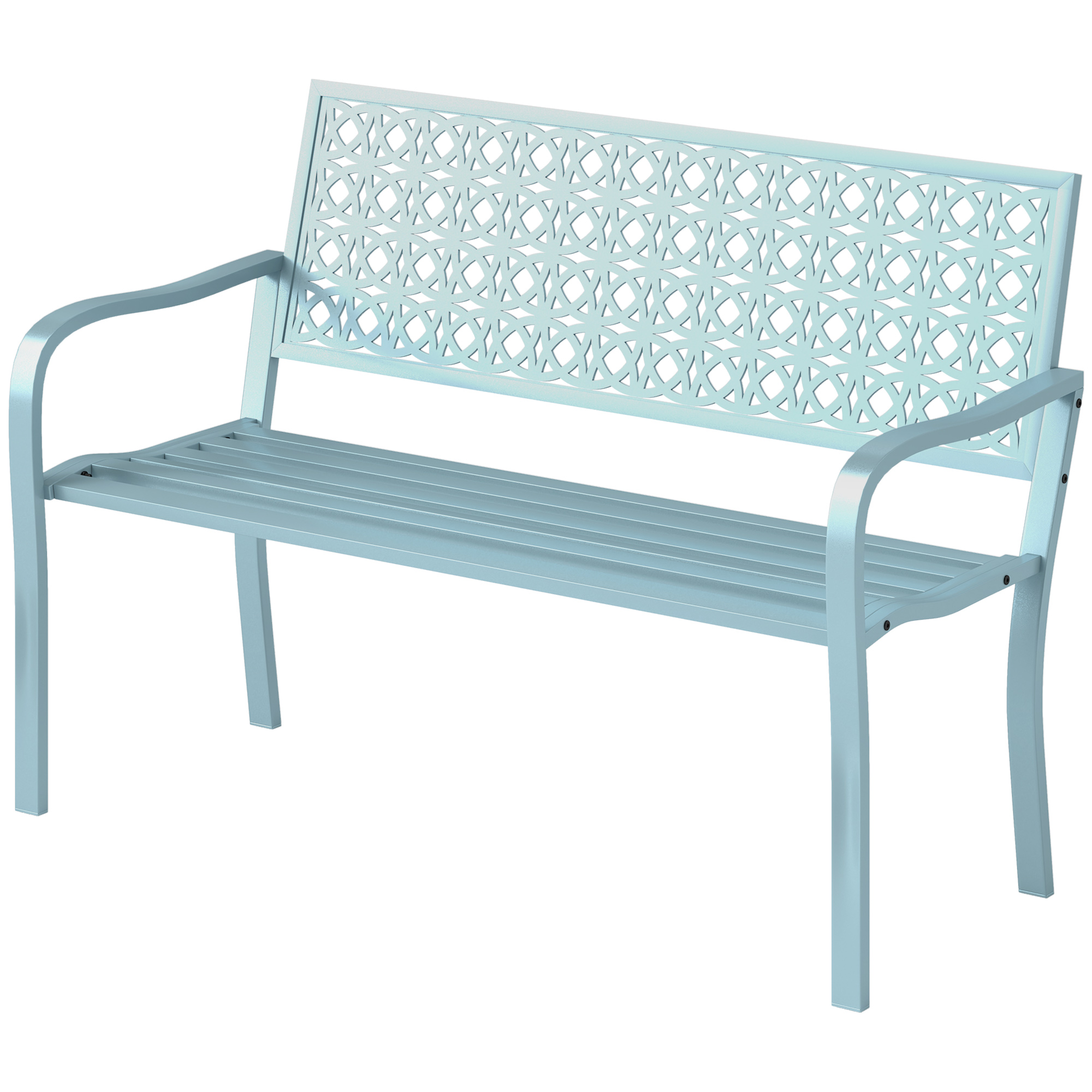 Outsunny Banc de jardin 2 places, banc extérieur jardin en acier avec dossier ajouré, 127 x 63 x 85 cm, bleu