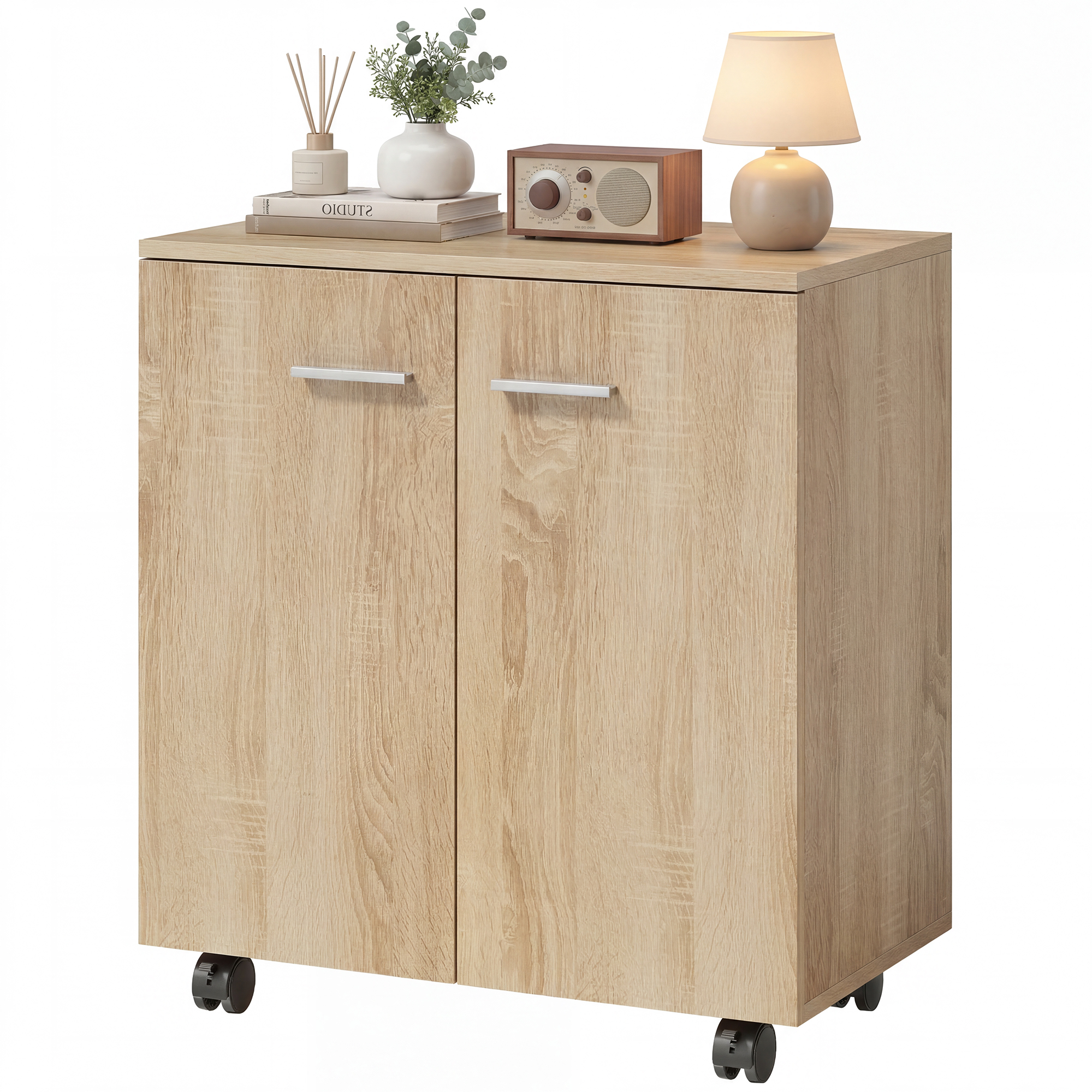 HOMCOM Meuble de Rangement Buffet bas sur roulettes avec 2 Portes étagère Interne 60 x 35 x 65 cm bois naturel