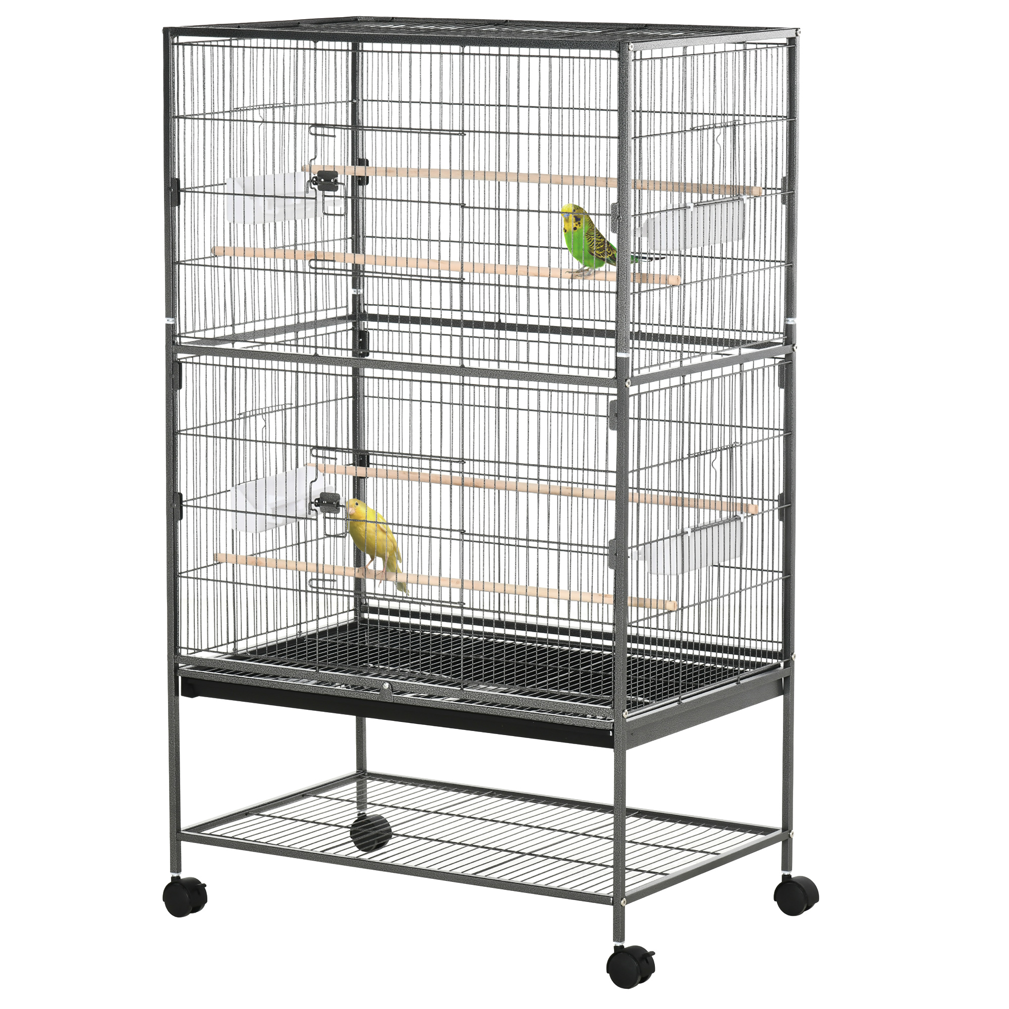 PawHut Cage à oiseaux sur pied volière oiseaux intérieur 4 perchoirs en bois et mangeoires fil d’acier gris foncé