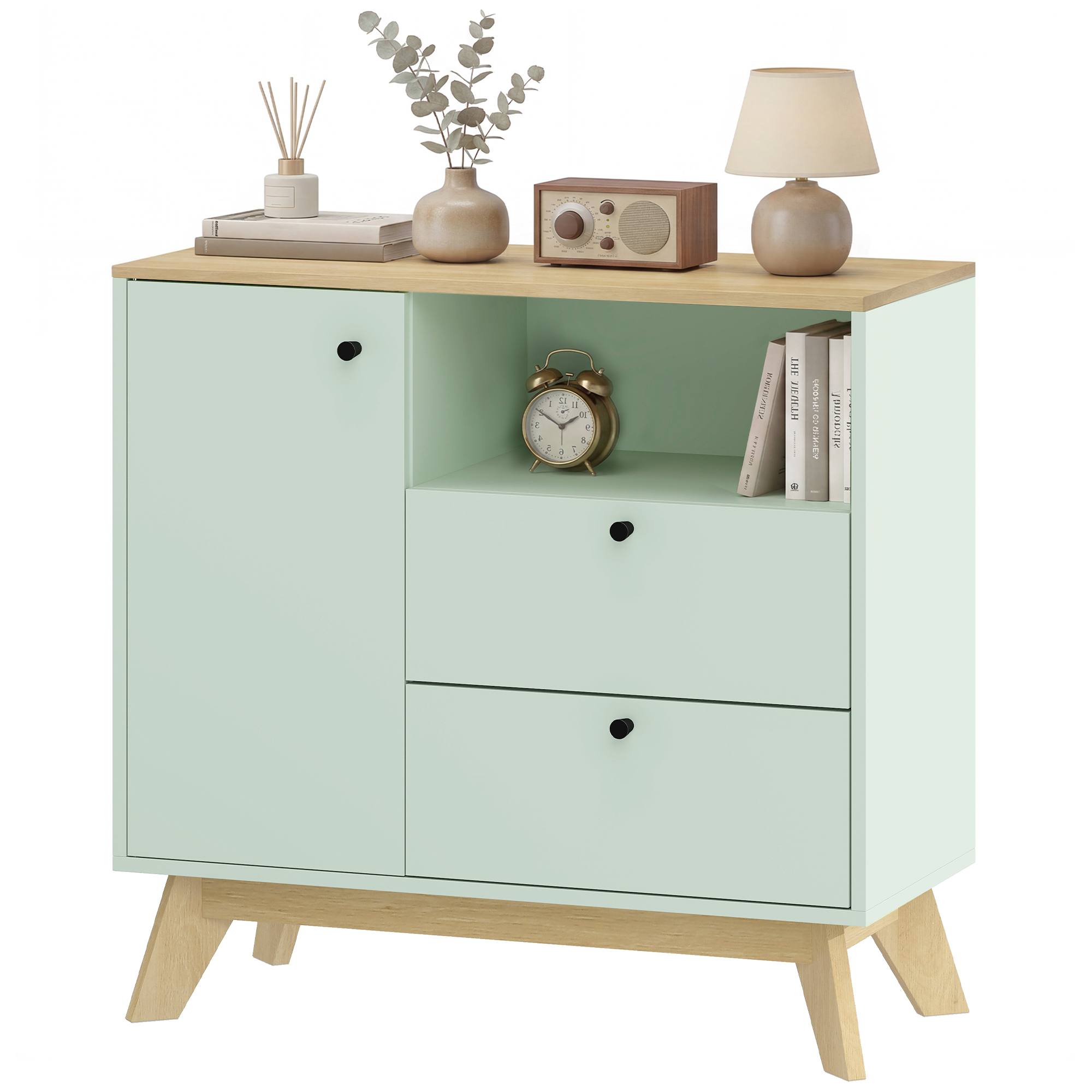 HOMCOM Buffet salon, meuble de rangement avec porte, 2 tiroirs, compartiment ouvert et étagère réglable, vert clair et chêne