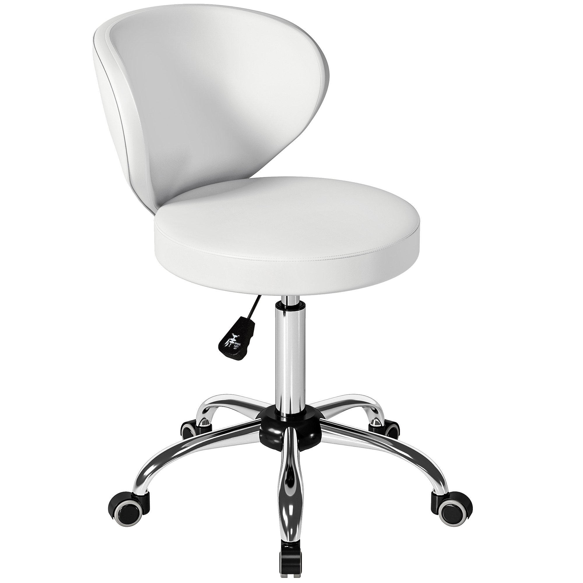 HOMCOM Tabouret à roulettes, tabouret de massage en PU avec hauteur réglable 73-88 cm et dossier, pivotant 360°, blanc