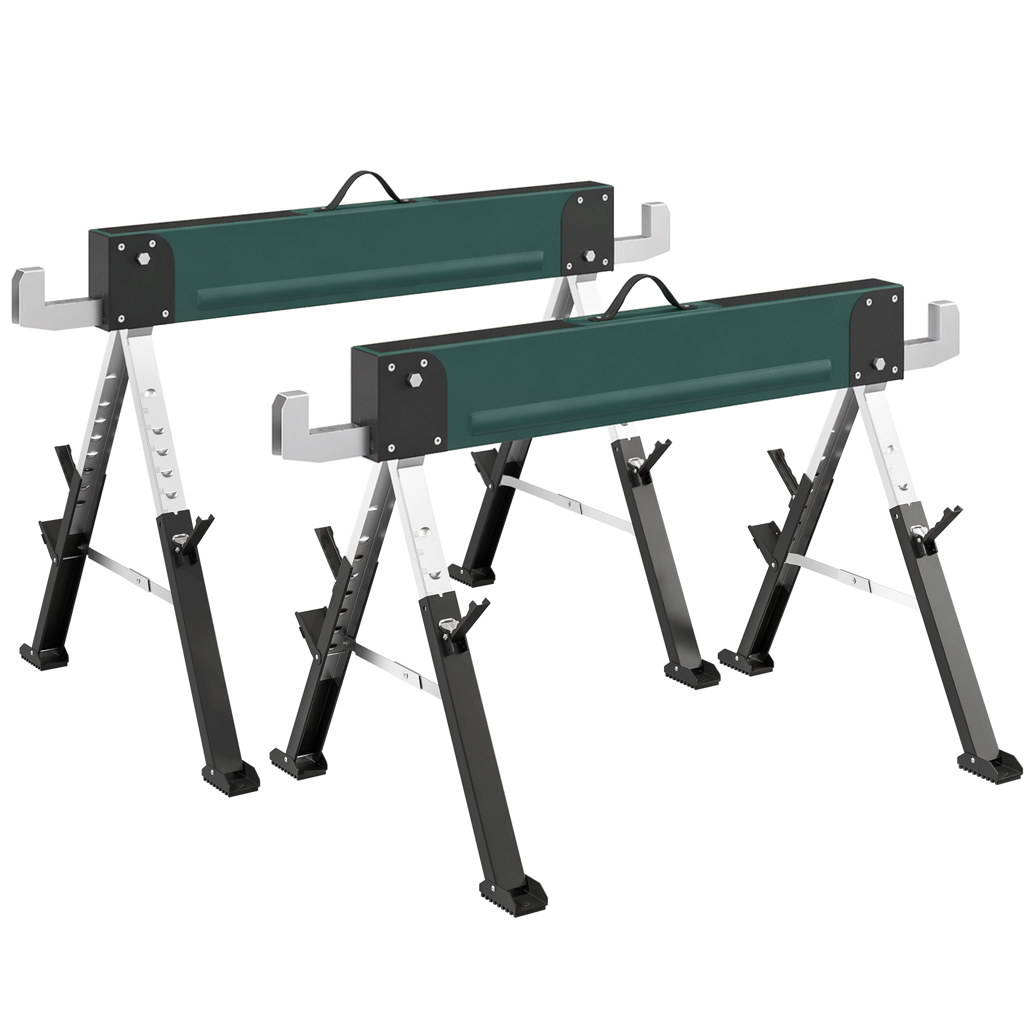 HOMCOM lote de 2 caballetes plegables de metal, carga máx 1160 kg, altura regulable 64-81cm, asa de transporte, verde