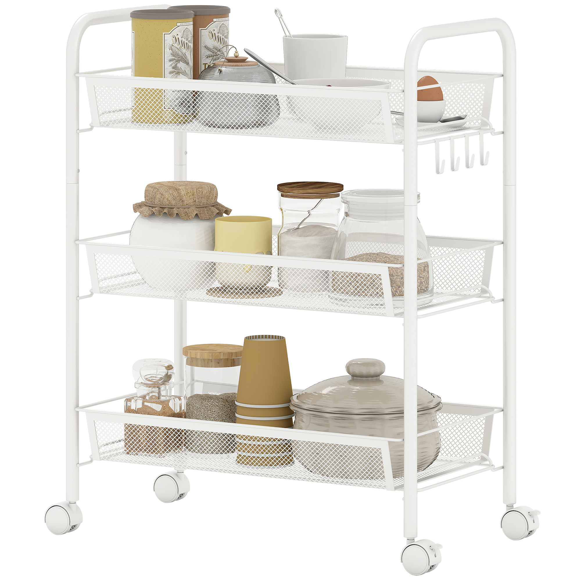 HOMCOM Chariot à 3 niveaux avec paniers desserte à roulettes chariot de rangement roulante 45 x 26,5 x 63 cm blanc