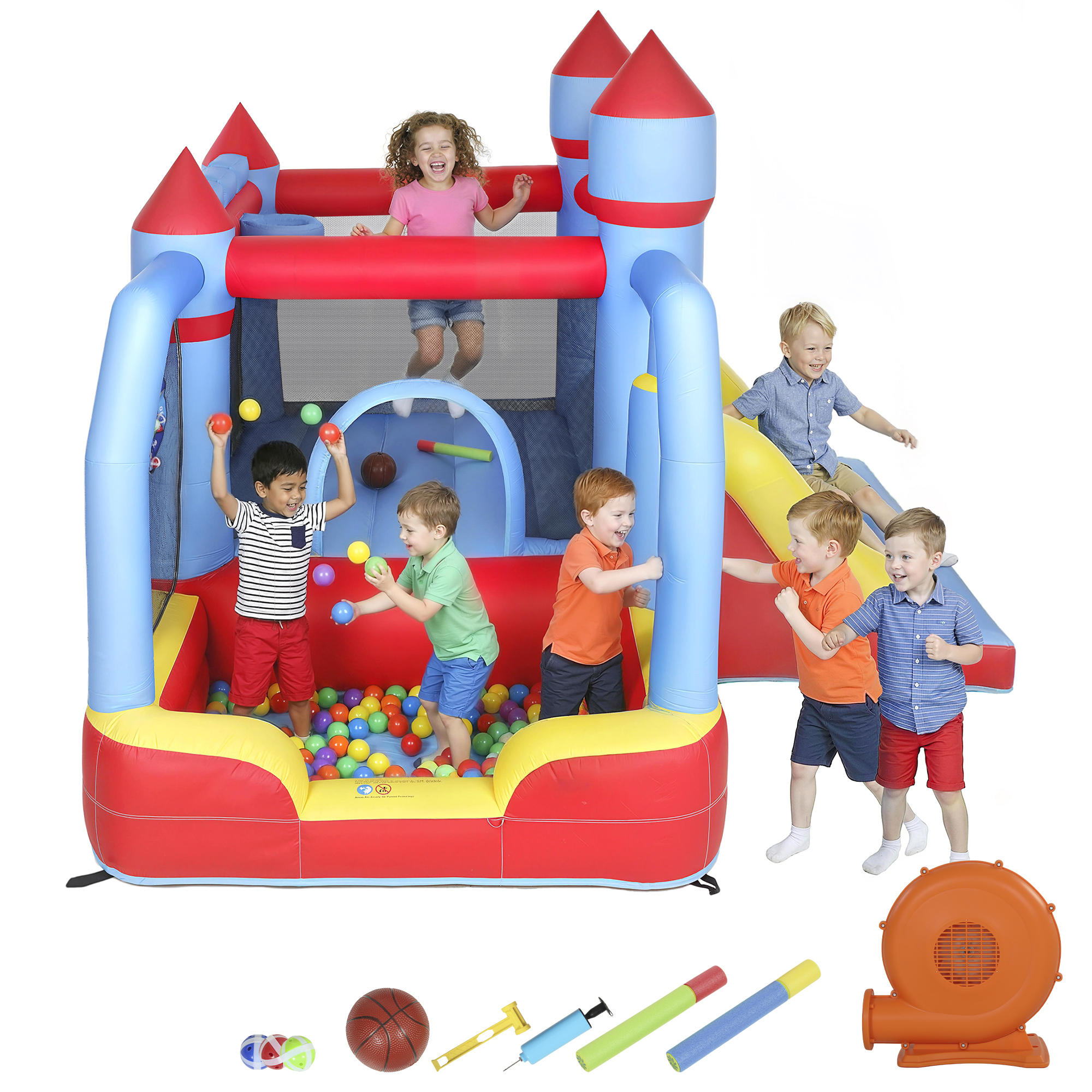 AIYAPLAY Château gonflable 5 en 1 avec souffleur, parc aquatique structure gonflable, toboggans, trampoline, multicolore