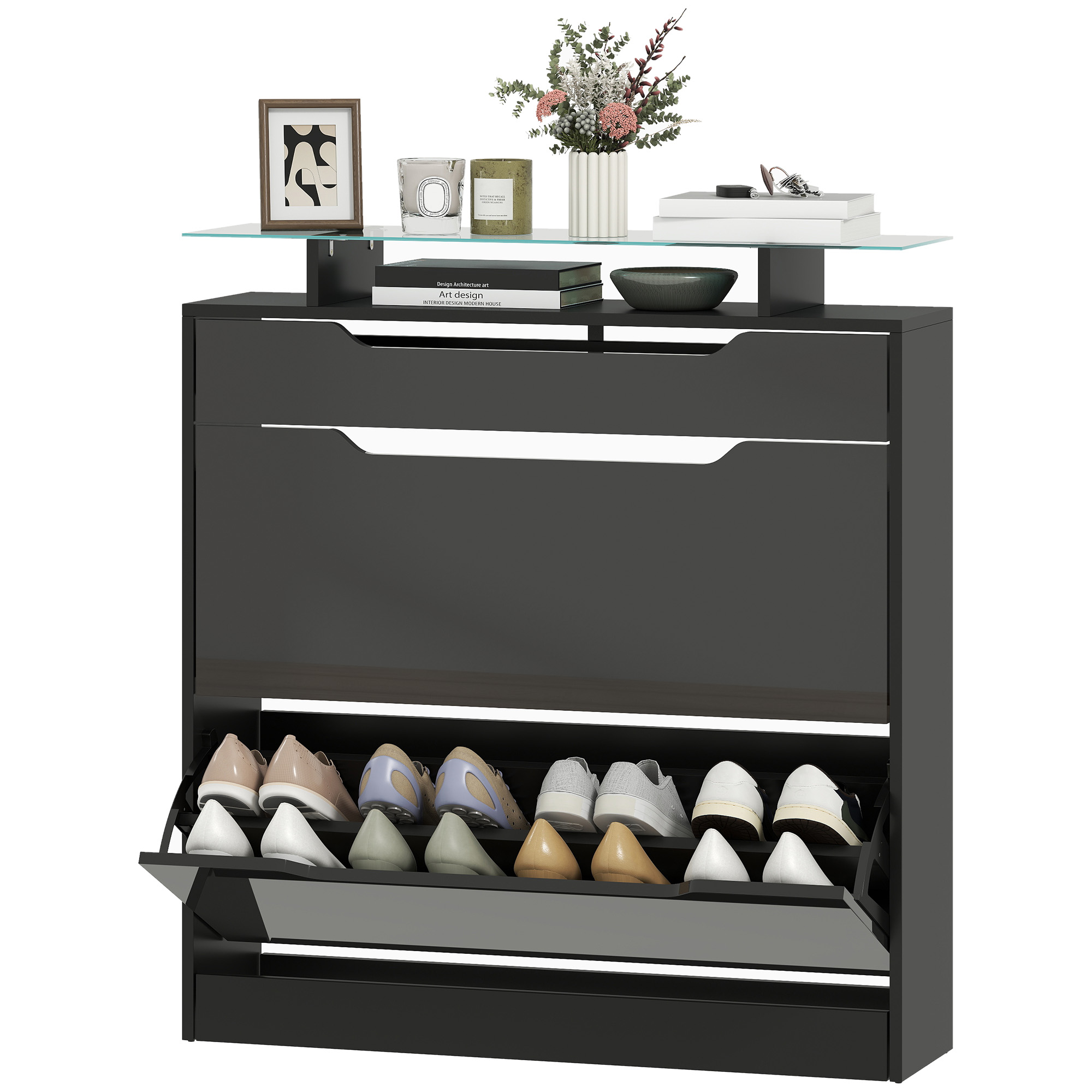 HOMCOM Armoire à Chaussures, 2 Tiroirs Rabattables, 1 Tiroir Coulissant, 1 Comptoir, 89x23x96cm, Noir