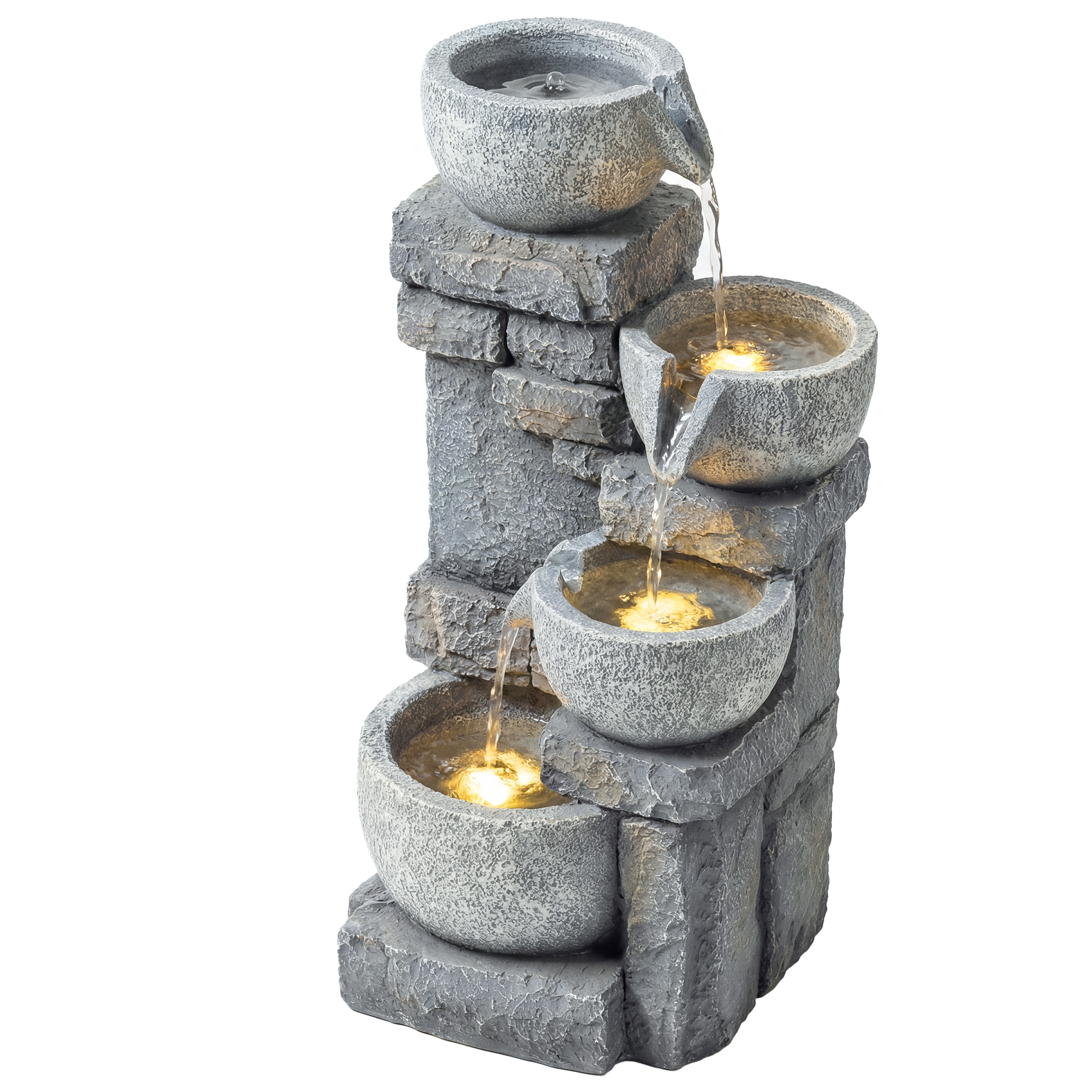 Outsunny Fontaine de Jardin Cascade 4 Niveaux Décoration Effet Pierre et Brique avec Éclairage LED 28 x 25 x 54,5 cm Gris
