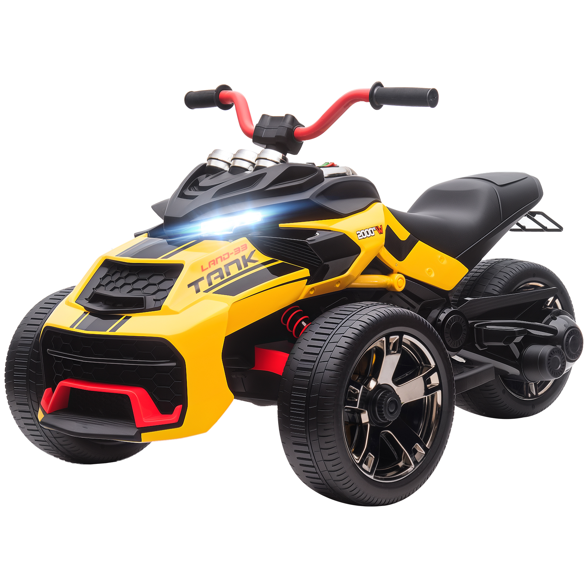 AIYAPLAY Quad électrique enfants voiture électrique enfants 12V 3 roues 2 moteurs lecteur MP3, klaxon, 2 vitesses 3-5 km/h jaune
