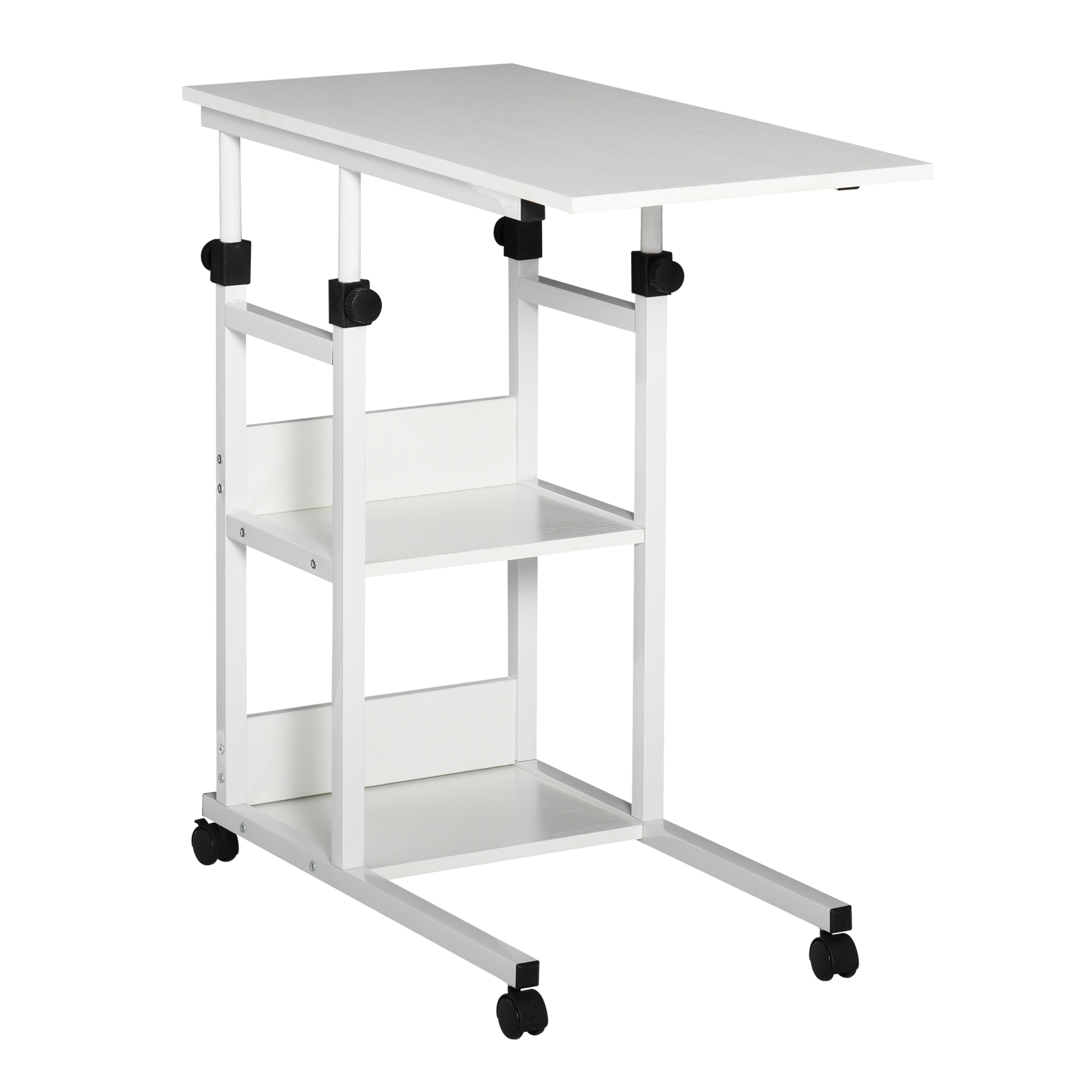 HOMCOM Beistelltisch mit Rollen Höhenverstellbarer Couchtisch, 2 Regale, E1 Spanplatte, Weiß, 80x40x72-82 cm Aosom