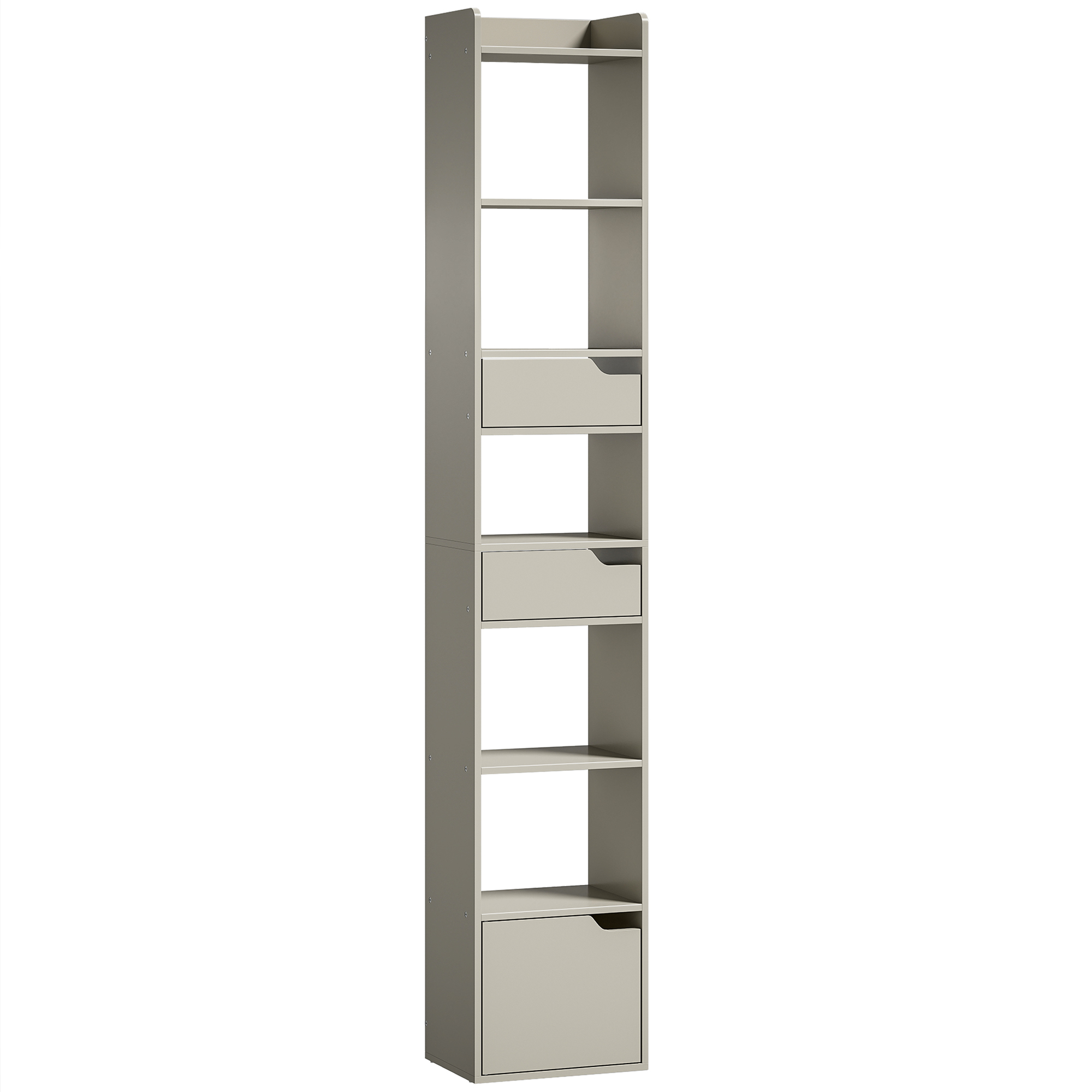 HOMCOM Bookcase Tall Narrow with 5 Tiers and Drawers Freestanding Bookshelf Storage Cabinet for Living Room Grey