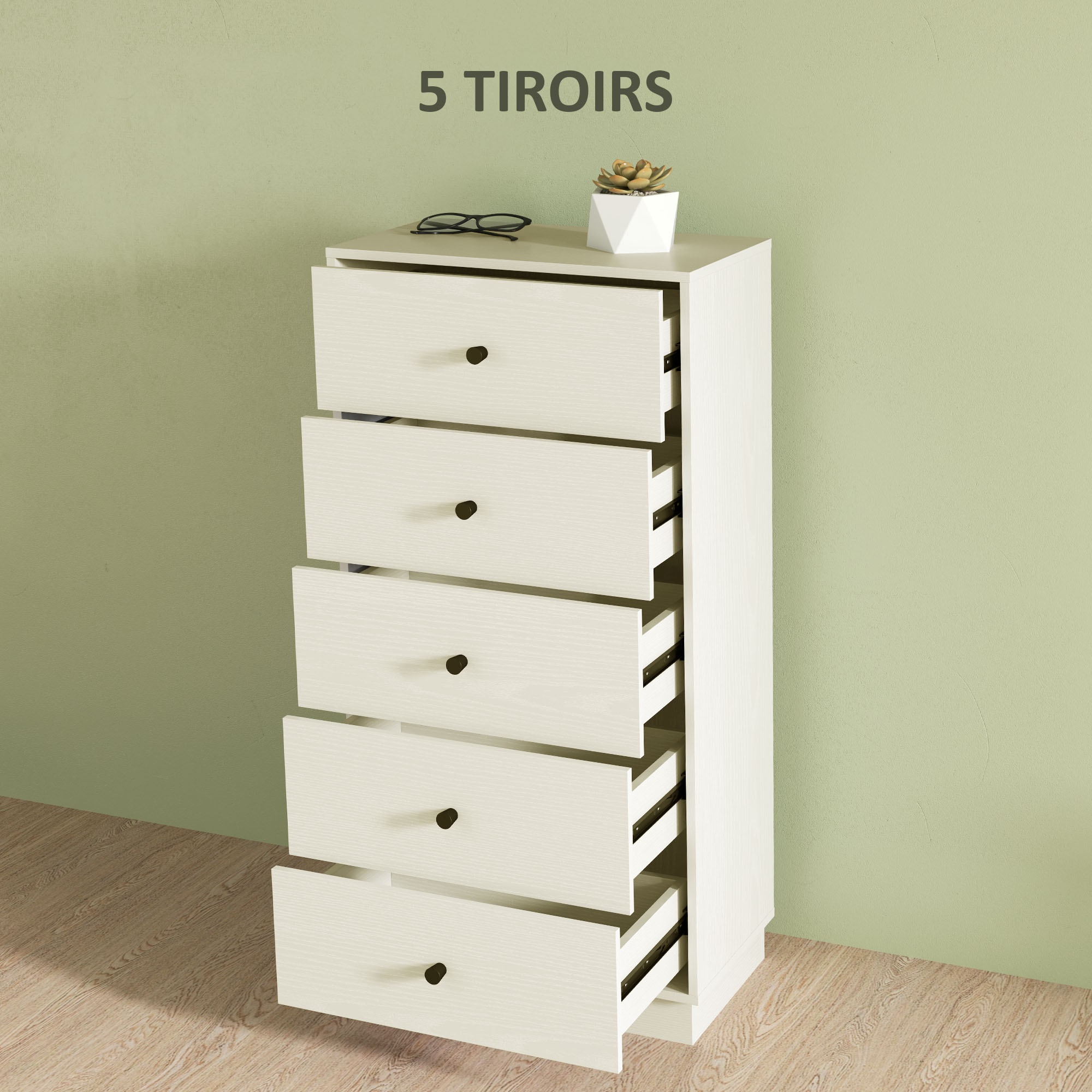 Commode 5 Tiroirs Blishom - Meuble Rangement Moderne Chambre Salon Blanc 94x72x41cm