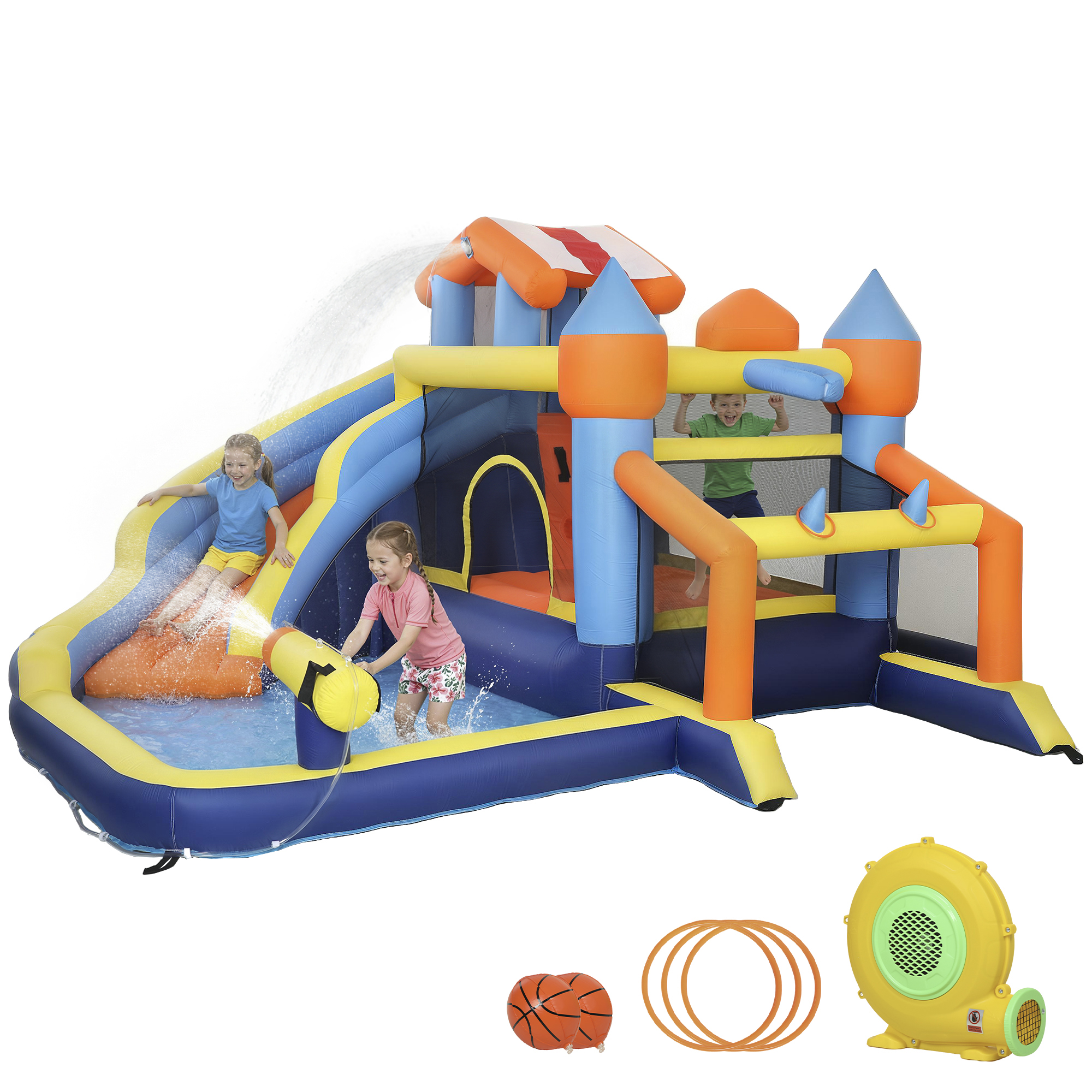 AIYAPLAY Château gonflable avec souffleur 8 en 1, parc aquatique, toboggan, trampoline, piscine à balles, multicolore