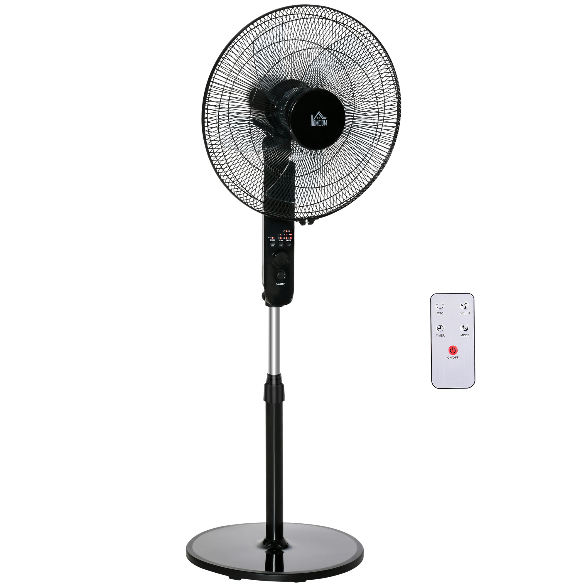 HOMCOM Ventilator de Podea cu Telecomandă, Reglabil pe Înălțime, 3 Viteze, Unghi de Înclinare Reglabil, Metal, Negru, Ø44,5x110-124H cm | Aosom Romania